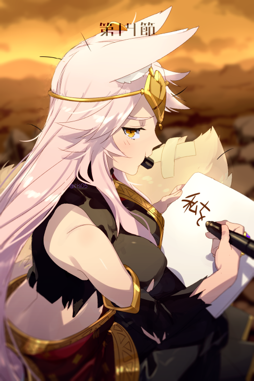 1girl animal_ears bare_shoulders black_shirt black_skirt blush breasts circlet crop_top detached_sleeves echo_(circa) fate/grand_order fate_(series) fox_ears fox_girl fox_tail gold_trim holding holding_marker indian_clothes koyanskaya_(fate) koyanskaya_(indian_lostbelt_outfit)_(fate) large_breasts long_hair looking_at_viewer marker mouth_hold parted_bangs pink_hair sari shirt sidelocks skirt sleeveless sleeveless_shirt tail tamamo_(fate) translation_request very_long_hair yellow_eyes