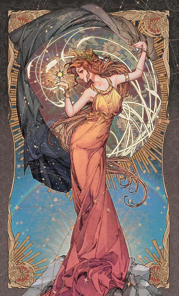 1girl black_cape border bracelet brown_border brown_cape brown_hair cape closed_mouth dress eliza_fox floral_background flower full_body gold_armlet gold_bracelet gradient_cape gradient_clothes gradient_dress greek_mythology hemera_(mythology) holding holding_unworn_cape holding_unworn_clothes jewelry laurel_crown light_rays long_hair looking_to_the_side on_rock orange_dress ornate_border profile rainbow red_flower sleeveless sleeveless_dress solo standing standing_on_rock star_(symbol) star_print star_symbol_background sun_symbol unworn_cape very_long_hair yellow_dress