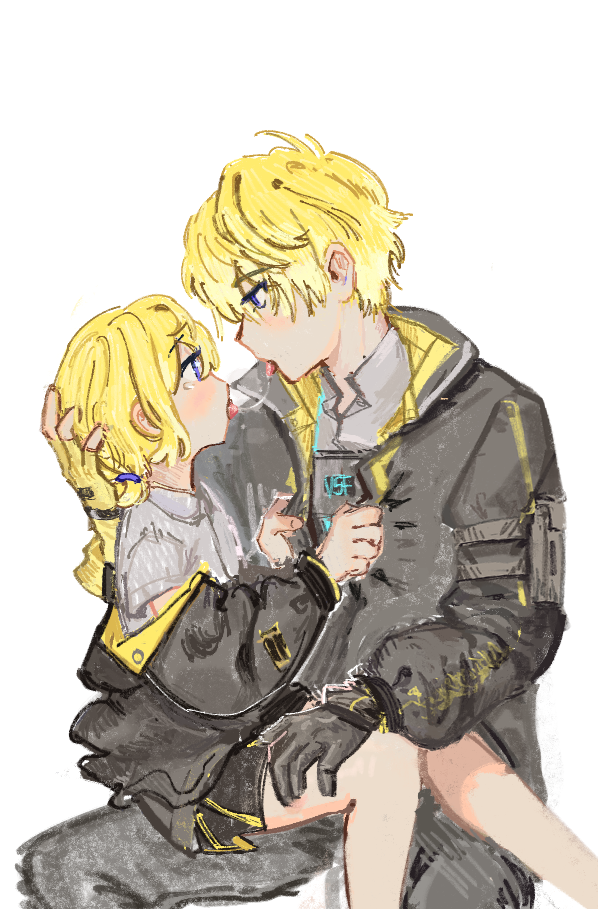 1boy 1girl ahoge black_pants blonde_hair blue_eyes bulletproof_vest drawfag fingerless_gloves french_kiss gloves gradient_hair grey_shirt gripping_clothes hand_on_another&#039;s_leg harness height_difference jacket kiss mole mole_on_neck multicolored_hair nijisanji nijisanji_en pants petite pleated_skirt saliva saliva_trail shirt short_hair short_twintails simple_background single_fingerless_glove skirt sonny_brisko sonny_brisko_(1st_costume) tears twintails virtual_youtuber vsf_logo white_background yellow_gloves
