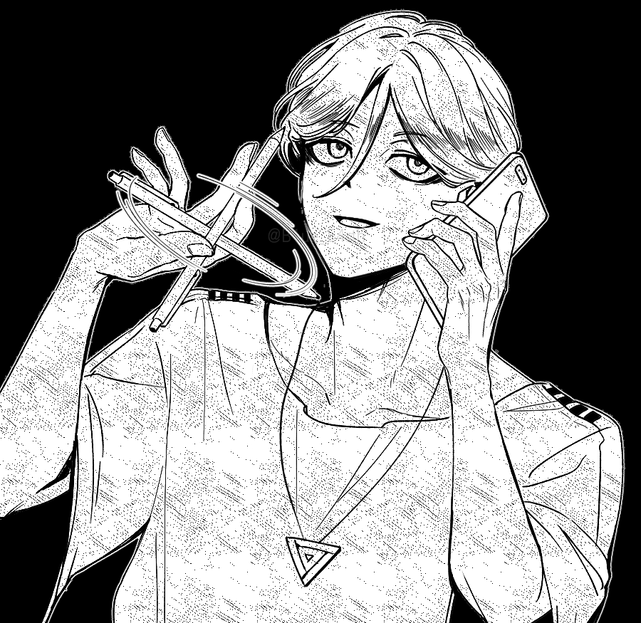 1boy b1ue_e4rth black_background commentary_request greyscale hair_between_eyes hands_up holding holding_phone korean_commentary male_focus meguriya_ayumu monochrome open_mouth pen_spinning phone shirt short_hair simple_background smile solo talking_on_phone toshi_densetsu_kaitai_center triangle_necklace upper_body