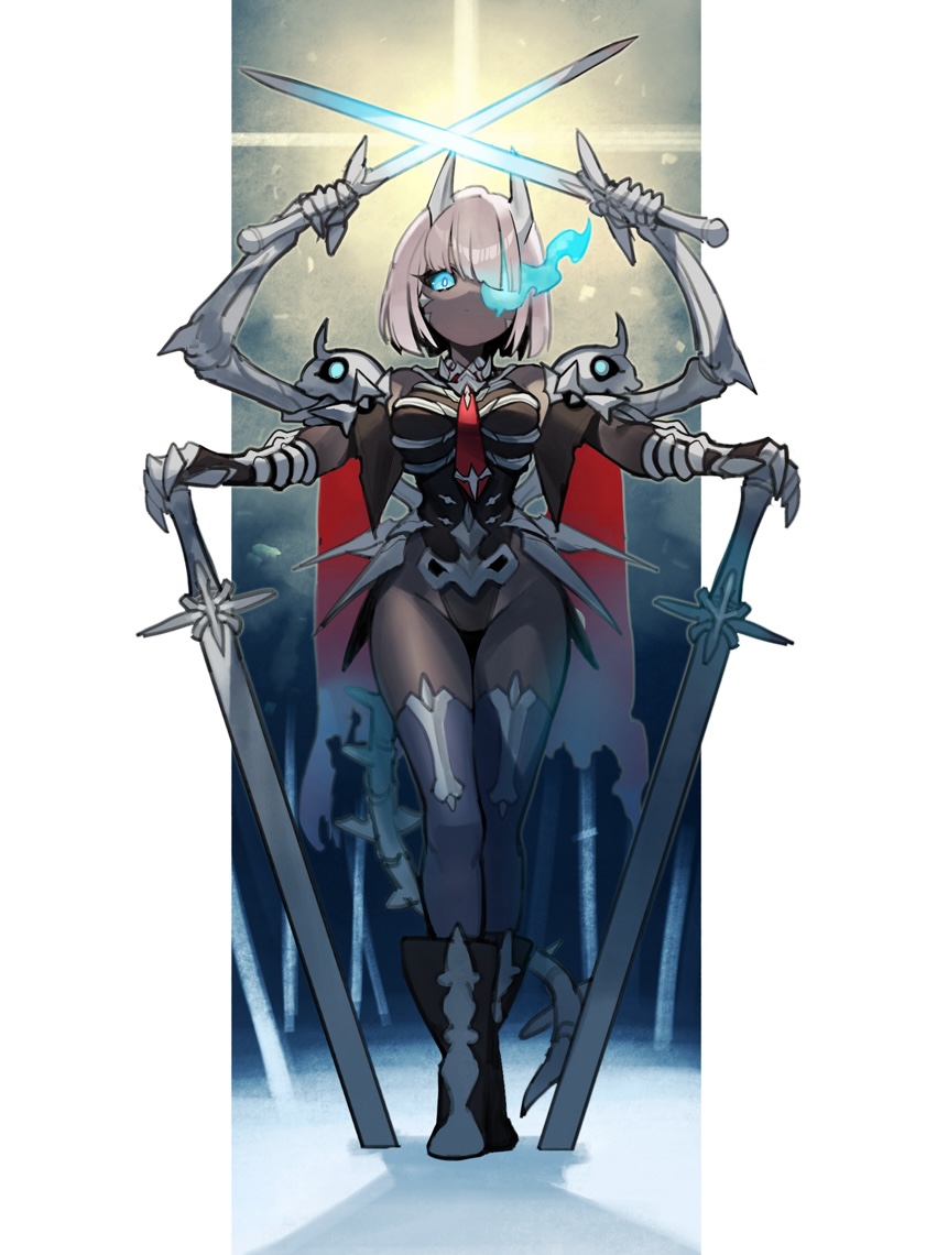 1girl baniran_dorosu black_leotard black_pantyhose black_sclera blue_eyes bone_tail breasts cape colored_sclera colored_skin extra_arms flaming_eye full_body grey_skin hair_over_one_eye hand_on_hilt holding holding_sword holding_weapon horns leotard medium_breasts necktie original pantyhose planted planted_sword planted_weapon quadruple_wielding red_necktie short_hair skull solo standing sword torn_cape torn_clothes weapon white_hair