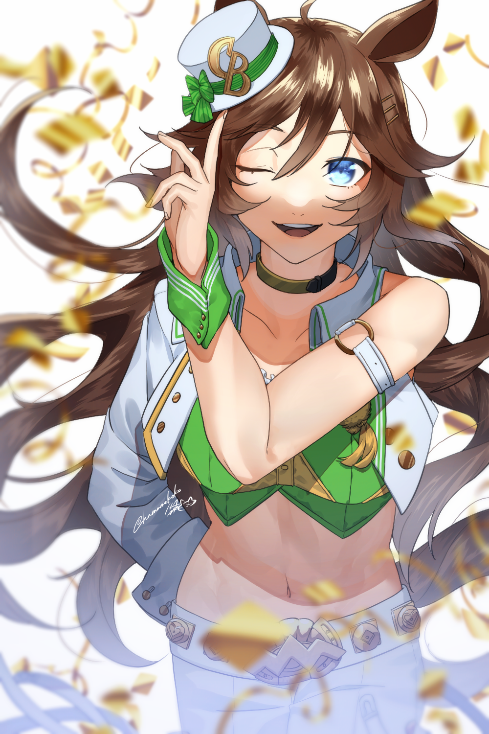 1girl ;d animal_ears arm_strap blue_eyes brown_hair choker collarbone commentary_request cowboy_shot crop_top green_shirt hair_between_eyes hamanekoko hat highres horse_ears jacket long_hair long_sleeves looking_at_viewer midriff mini_hat mini_top_hat mr._c.b._(umamusume) navel one_eye_closed open_clothes open_jacket open_mouth pants shirt single_bare_shoulder single_sleeve smile solo standing stomach strapless strapless_shirt top_hat umamusume very_long_hair white_hat white_jacket white_pants