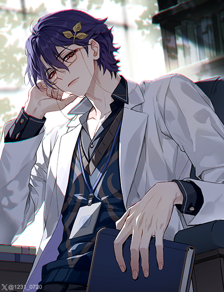 1boy black_shirt book bookshelf coat collared_shirt commentary dr._ratio_(honkai:_star_rail) formal_clothes hair_between_eyes hair_ornament hand_up holding holding_book honkai:_star_rail honkai_(series) id_card indoors korean_commentary looking_at_viewer male_focus np_(1231_0720) purple_hair red_eyes shirt short_hair solo upper_body white_coat window