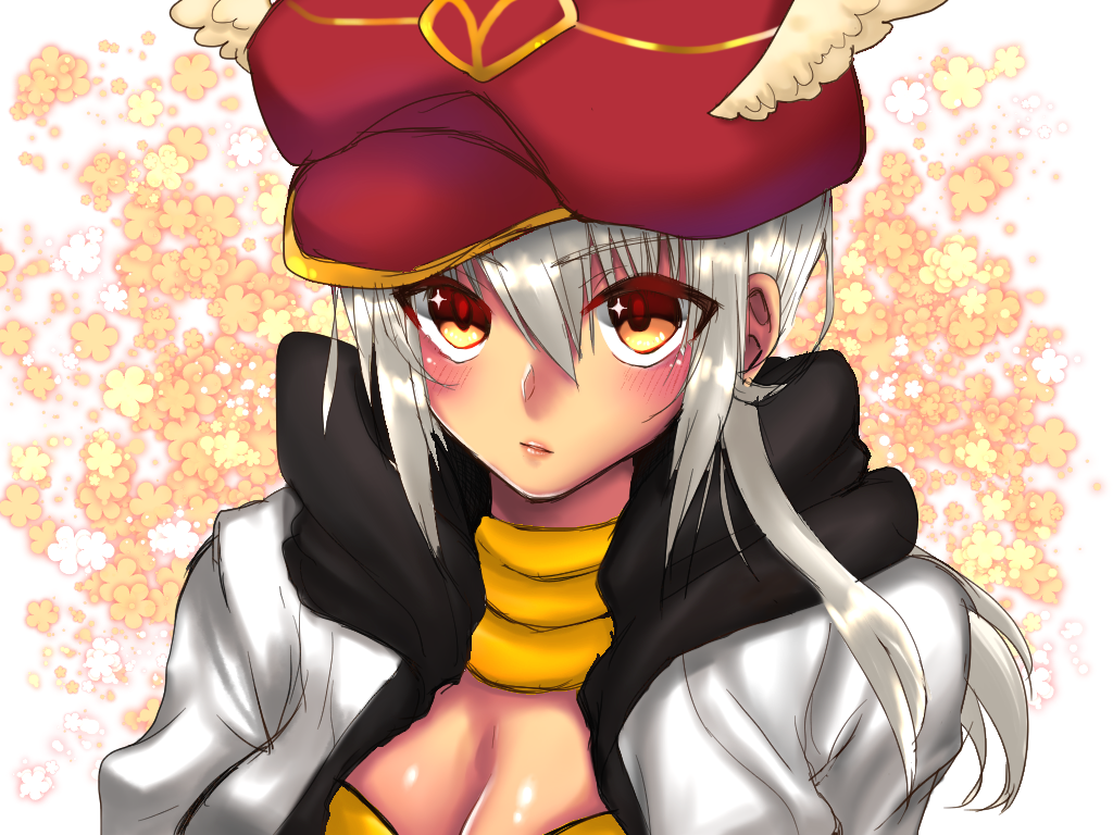 1girl blush breasts cabbie_hat cleavage closed_mouth commentary_request expressionless floral_background hat jumpsuit long_hair mechanic_(ragnarok_online) medium_breasts official_alternate_costume ragnarok_online red_hat shirokuro_(erisnoa) solo upper_body white_hair white_jumpsuit winged_hat yellow_eyes