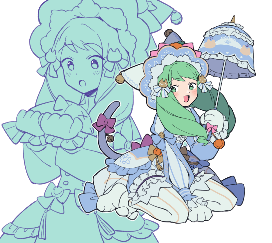 1girl animal_costume animal_hands bell blue_dress cat_costume cat_paws cat_tail do_m_kaeru dress female_focus fire_emblem fire_emblem_awakening fire_emblem_heroes fish flayn_(fire_emblem) flayn_(halloween)_(fire_emblem) green_eyes green_hair long_hair looking_at_viewer matching_hair/eyes multiple_views nintendo official_alternate_costume open_mouth parasol smile striped_leggings striped_sleeves tail umbrella white_background