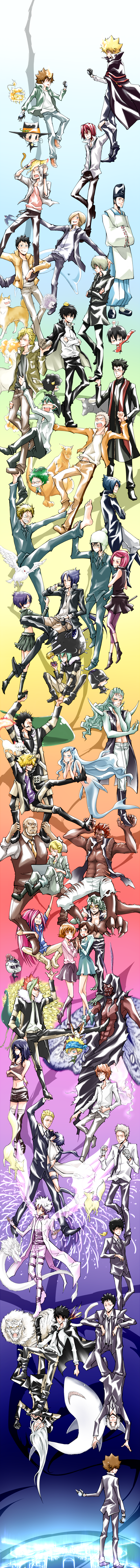 6+boys 6+girls absurdres alaudi animal aqua_eyes aqua_hair asari_ugetsu basil basil_(reborn) beard belphegor_(reborn) bird black_hair blonde_hair blue_eyes blue_hair bluebell brown_eyes brown_hair bull byakuran candy chrome_dokuro computer daemon_spade dog dolphin dragon dual_persona durarara!! eagle everyone eyepatch facial_hair feathers fong_(reborn) food formal_clothes fox fur_trim g_(reborn) giotto_(reborn) glasses gloves gokudera_hayato green_hair grey_eyes grey_hair hair_over_eyes hana_azuki hat hedgehog helmet heterochromia hibari_kyouya hibird highres horse irie_shoichi jacket kangaroo katekyo_hitman_reborn! knuckle lal_mirch lambo lampo laptop leon_(reborn) leopard leviathan_(reborn) lion lollipop long_hair long_image lussuria lussuria_(reborn) mermaid miura_haru mm_(reborn) monkey monster_boy monster_girl mouth_hold multiple_boys multiple_girls multiple_persona mustache necktie octopus orange_eyes owl parody peacock pink_eyes pink_hair polearm purple_eyes rainbow reborn red_hair rokudou_mukuro sasagawa_kyouko sasagawa_ryohei sasagawa_ryouhei sawada_tsunayoshi scar shark shirt shouichi_irie shueisha spanner_(reborn!) standing stingray striped_clothes striped_shirt suit sunglasses swallowing tall_image tiara tiger time_paradox trident trust_me_(durarara!!) uni_(reborn) verde_(reborn) weapon white_hair wings xanxus yamamoto_takeshi yellow_eyes
