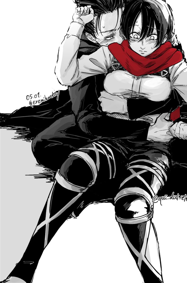1boy 1girl arms_around_waist black_hair black_jacket black_pantyhose blush breasts couple dated eren_yeager facial_scar feet_out_of_frame hair_between_eyes harness hashtag hetero hug hug_from_behind jacket long_sleeves looking_at_another medium_breasts mikasa_ackerman pantyhose qui_dui_zi red_scarf scar scar_on_cheek scar_on_face scarf shingeki_no_kyojin shirt short_hair spot_color sweatdrop twitter_username white_background white_shirt wide-eyed