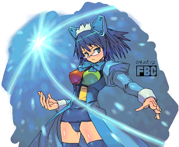 1girl 2004 2k-tan artist_name blue_bow blue_bowtie blue_coat blue_eyes blue_hair blue_thighhighs bow bowtie breasts closed_mouth coat commentary_request dated fbc glasses headgear jaggy_lines juliet_sleeves legs_apart long_sleeves maid_headdress medium_breasts multicolored_swimsuit one-piece_swimsuit open_clothes open_coat os-tan puffy_sleeves short_hair sleeve_cuffs solo standing swimsuit thighhighs white_sleeve_cuffs