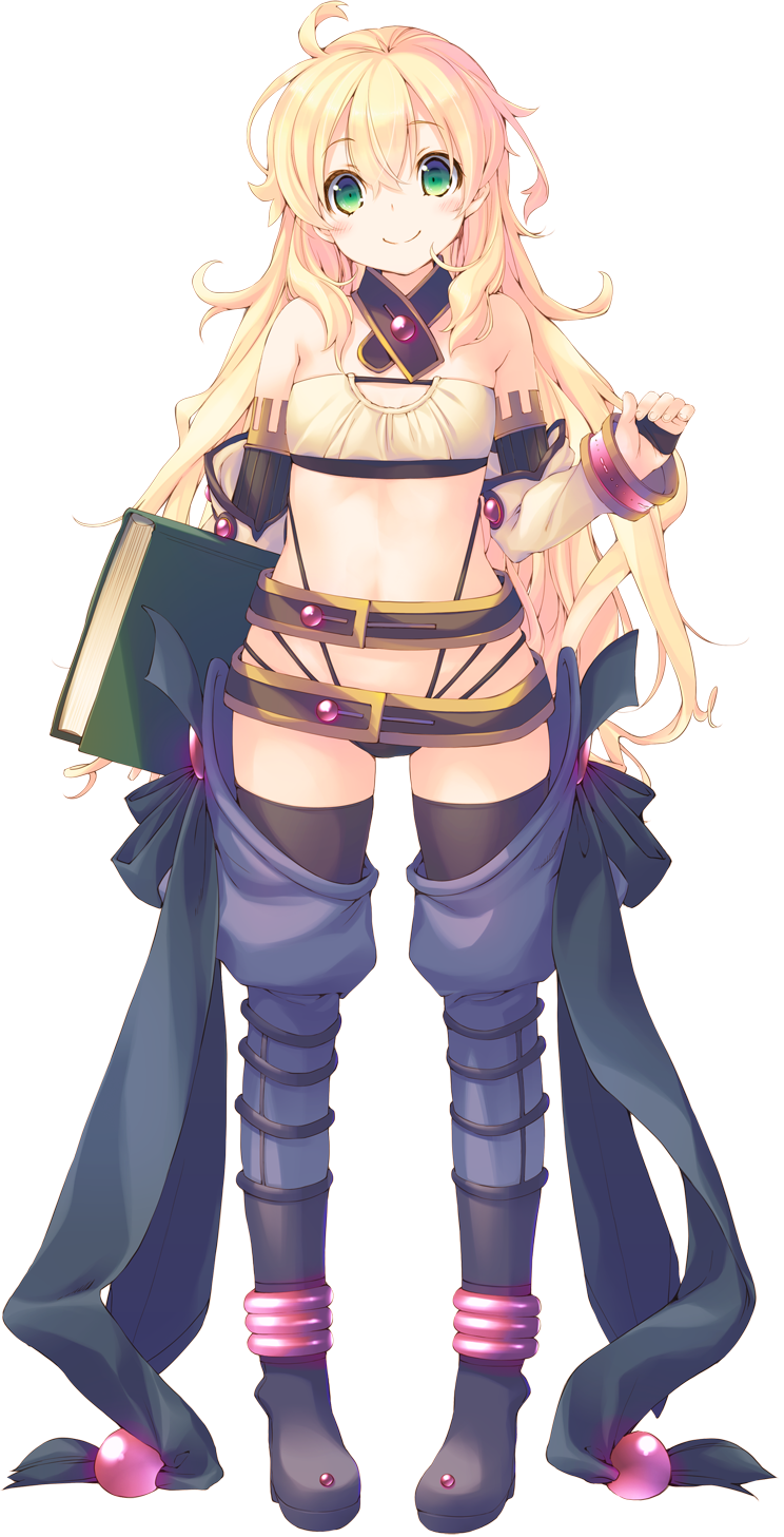 1girl aquaplus blonde_hair book boots detached_sleeves dungeon_travelers_2 erthuricia_vitor_de_ritzhevin female_focus full_body highres holding kokonoka long_hair looking_at_viewer official_art smile solo thighhighs transparent_background