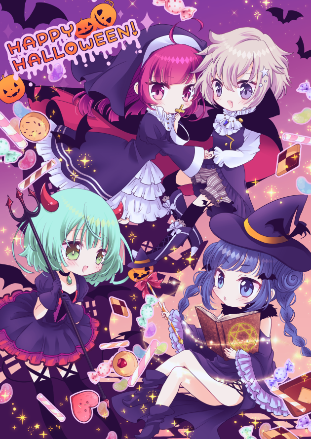4girls ahoge alternate_costume ascot bad_id bad_twitter_id bat_(animal) black_cape black_dress blue_eyes blue_hair blunt_bangs book braid candy cape checkerboard_cookie chibi chibi_only chiwa_(chiwawanwan1206) chun_meiyui collared_shirt cookie demon_horns detached_sleeves double_bun dress food frilled_sleeves frills green_eyes green_hair grey_hair hair_bun hair_ornament halloween halloween_costume hand_up happy_halloween hat heart holding holding_book holding_polearm holding_wand horns jack-o&#039;-lantern long_hair long_sleeves magia_record:_mahou_shoujo_madoka_magica_gaiden mahou_shoujo_madoka_magica multiple_girls natsume_kako nun open_book open_mouth pentagram polearm puffy_short_sleeves puffy_sleeves pumpkin purple_eyes purple_hair red_horns shinobu_akira_(madoka_magica) shirt short_hair short_sleeves smile sparkle star_(symbol) star_hair_ornament tokiwa_nanaka trident twin_braids vampire_costume wand weapon white_ascot white_shirt witch_hat