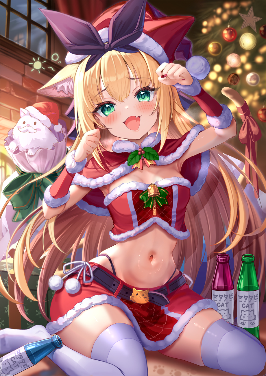 1girl :d akabane_(zebrasmise) animal_ears arm_up armpits belt blonde_hair breasts capelet christmas commentary_request crop_top drunk fang fur-trimmed_capelet fur_trim green_eyes hair_ribbon hand_up hat highleg highres kemonomimi_mode long_hair looking_at_viewer medium_breasts midriff miniskirt mononobe_alice navel nijisanji open_mouth panty_straps paw_pose red_capelet red_hat red_shirt red_skirt ribbon santa_hat shirt skirt smile solo squeans stomach strapless strapless_shirt thighhighs very_long_hair virtual_youtuber white_thighhighs zettai_ryouiki