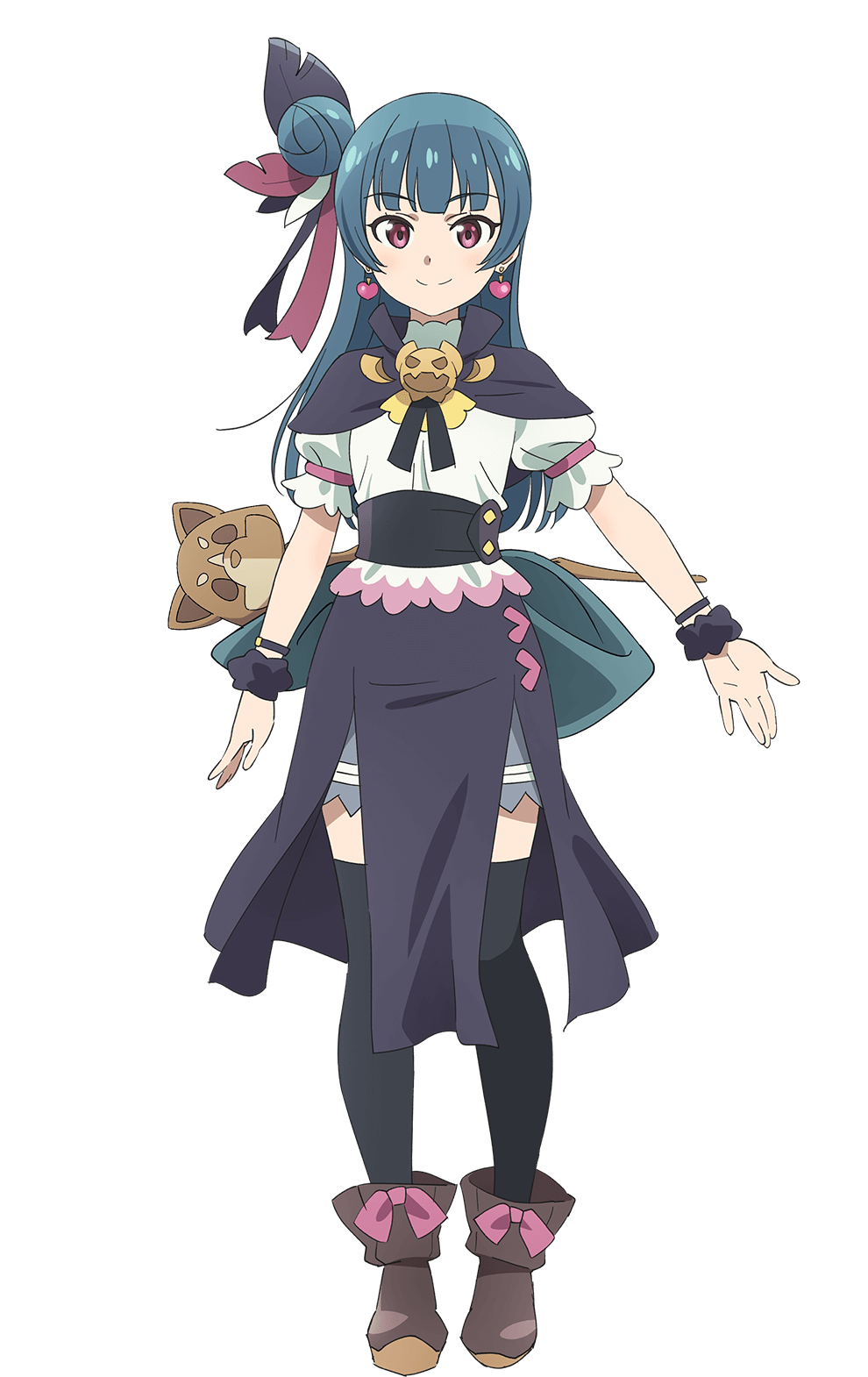 1girl black_capelet black_skirt black_thighhighs blue_hair blunt_bangs boots brooch brown_boots capelet collared_capelet earrings feather_hair_ornament feathers full_body genjitsu_no_yohane hair_bun hair_ornament heart heart_earrings highres jewelry love_live! love_live!_sunshine!! official_art pink_eyes puffy_short_sleeves puffy_sleeves shirt short_sleeves simple_background single_side_bun skirt solo standing tachi-e thighhighs transparent_background tsushima_yoshiko white_shirt yohane_(genjitsu_no_yohane)