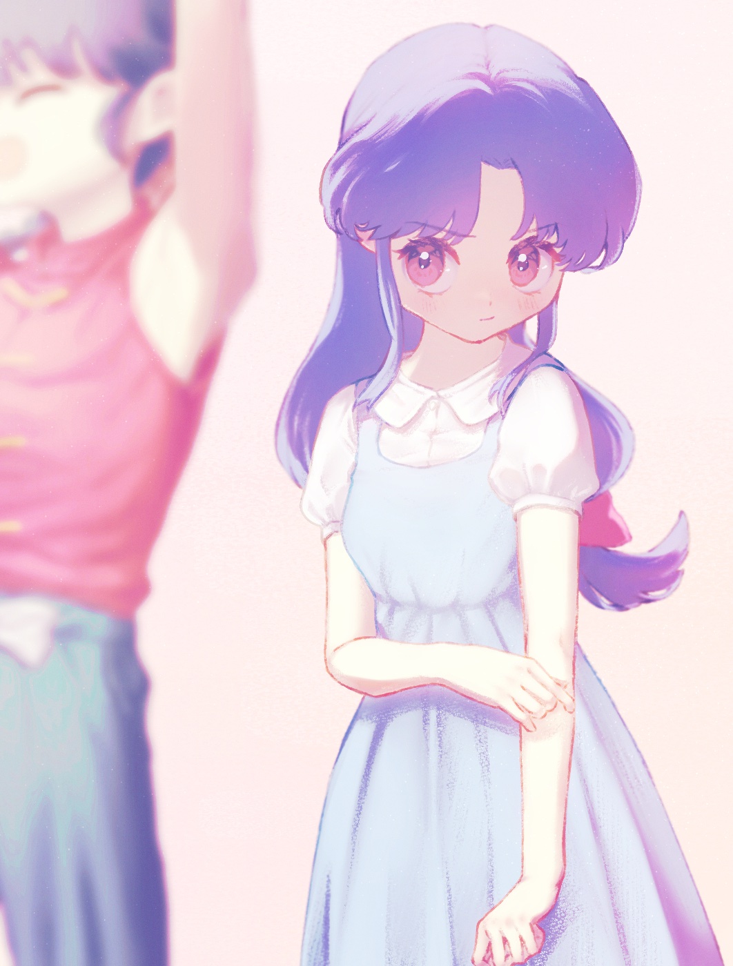 1boy 1girl arm_up aru_(t2kwe) blue_dress blue_hair bow closed_eyes collared_shirt commentary_request dress fuurinkan_high_school_uniform hair_bow hand_on_own_arm highres long_hair looking_at_another pinafore_dress puffy_short_sleeves puffy_sleeves purple_eyes ranma_1/2 red_shirt saotome_ranma school_uniform shirt short_sleeves sleeveless sleeveless_dress sleeveless_shirt tendou_akane white_shirt