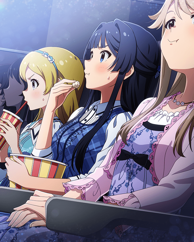 blonde_hair blue_eyes blue_hair brown_hair bucket card_(medium) center_frills drink drinking_straw emily_stewart faceless food frills hairband holding idolmaster idolmaster_million_live! idolmaster_million_live!_theater_days jacket jewelry mogami_shizuka necklace official_art popcorn profile tenkuubashi_tomoka