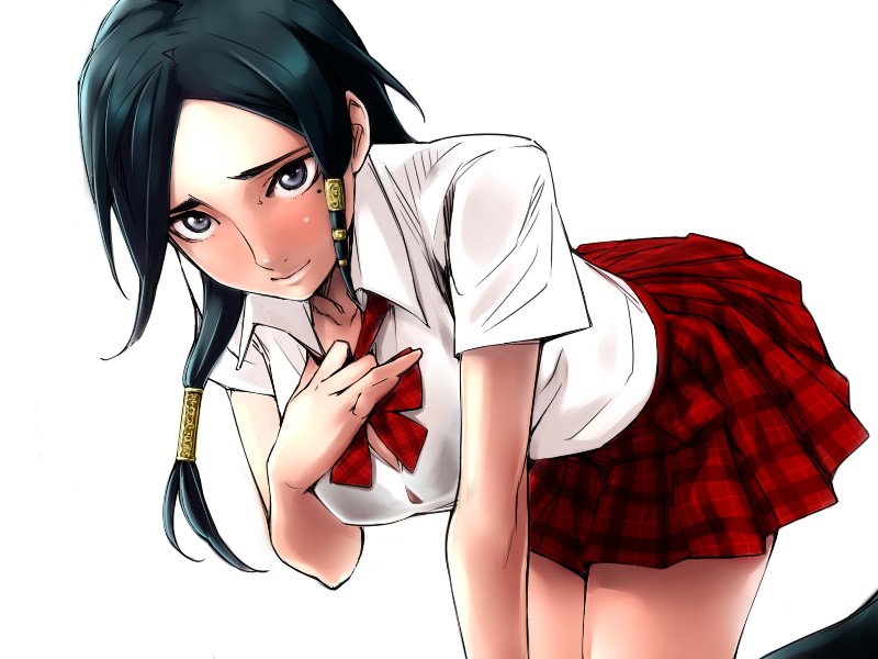 1girl alicia_(bullet_witch) alternate_costume aq_interactive bad_id bad_pixiv_id black_hair blue_eyes blush bullet_witch cavia female_focus long_hair mole mole_under_eye school_uniform serafuku skirt solo yurikawa