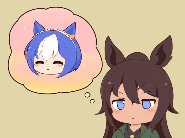 2girls ^_^ animal_ears black_shirt blue_eyes blue_hair blush_stickers braid brown_background brown_hair cesario_(umamusume) closed_eyes closed_mouth crown_braid gomashio_(goma_feet) green_jacket hair_between_eyes horse_ears jacket long_hair multicolored_hair multiple_girls open_clothes open_jacket ponytail shirt simple_background symboli_kris_s_(umamusume) two-tone_hair umamusume white_hair