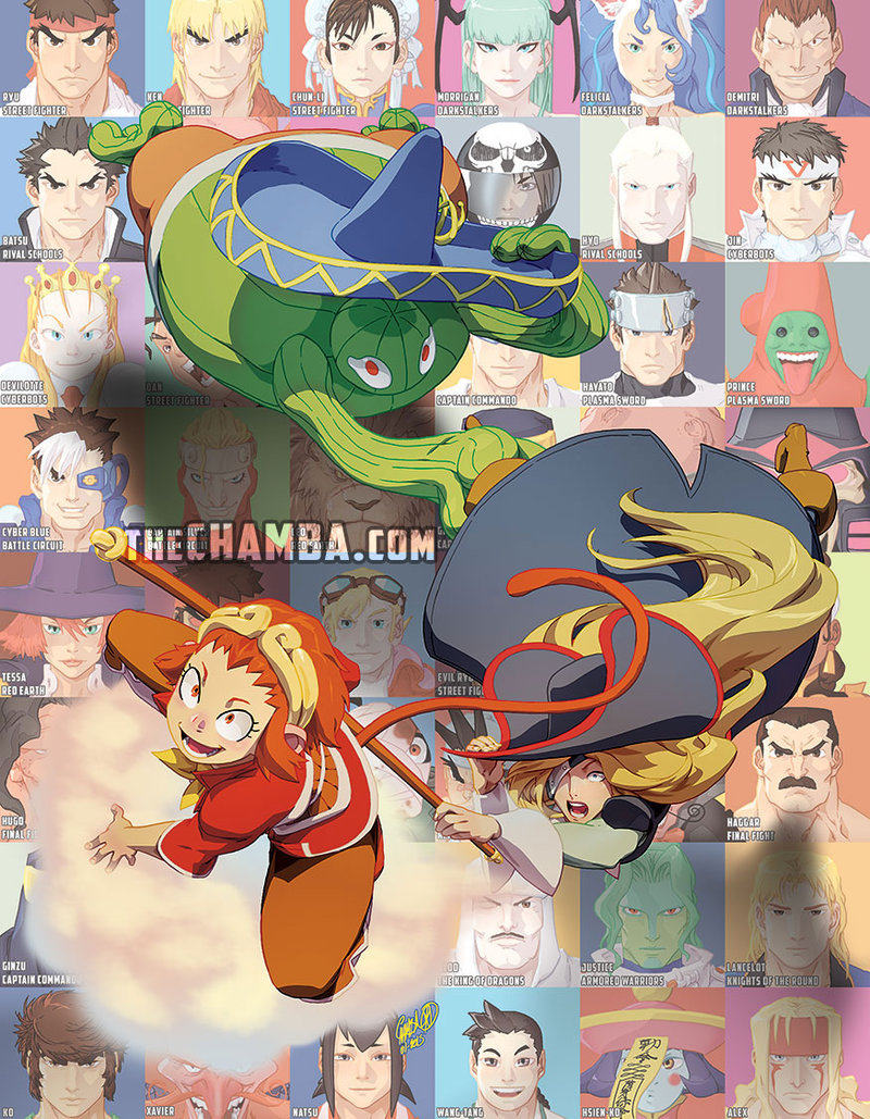 1990s_(style) 1boy 2girls alex_(street_fighter) amingo armored_warriors ayuhara_natsu blonde_hair brown_eyes brown_hair cameo capcom captain_commando captain_commando_(character) chamba character_name character_request chun-li company_connection crossover cyberbots demitri_maximoff devilot_de_deathsatan_ix eyepatch falcon_(power_stone) felicia_(darkstalkers) final_fight flying_nimbus hat hibiki_dan ichimonji_batsu imawano_hyou justice_gakuen kanzaki_hayato_(star_gladiator) kazama_akira ken_masters hsien-ko long_hair marvel_vs._capcom marvel_vs._capcom_2 mike_haggar monkey_tail monster_boy morrigan_aensland multiple_girls pirate pirate_hat plant_boy power_stone retro_artstyle ruby_heart ryu_(street_fighter) saotome_jin saturn_dyer short_hair sombrero sonson sonson_(series) staff star_gladiator street_fighter street_fighter_iii_(series) street_fighter_zero_(series) tabasa tail darkstalkers wang-tang warzard watermark web_address