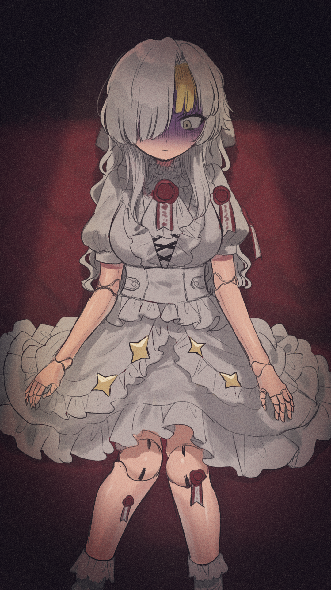 1girl ascot brooch commentary couch doll_joints dress frilled_dress frilled_socks frills highres horrified jewelry joints kromer_(project_moon) limbus_company long_hair project_moon prosthesis prosthetic_arm prosthetic_leg puffy_short_sleeves puffy_sleeves ryonakocoa short_sleeves sidelocks sitting socks solo spotlight talisman wax_seal white_ascot white_dress white_eyes white_hair white_socks wide-eyed