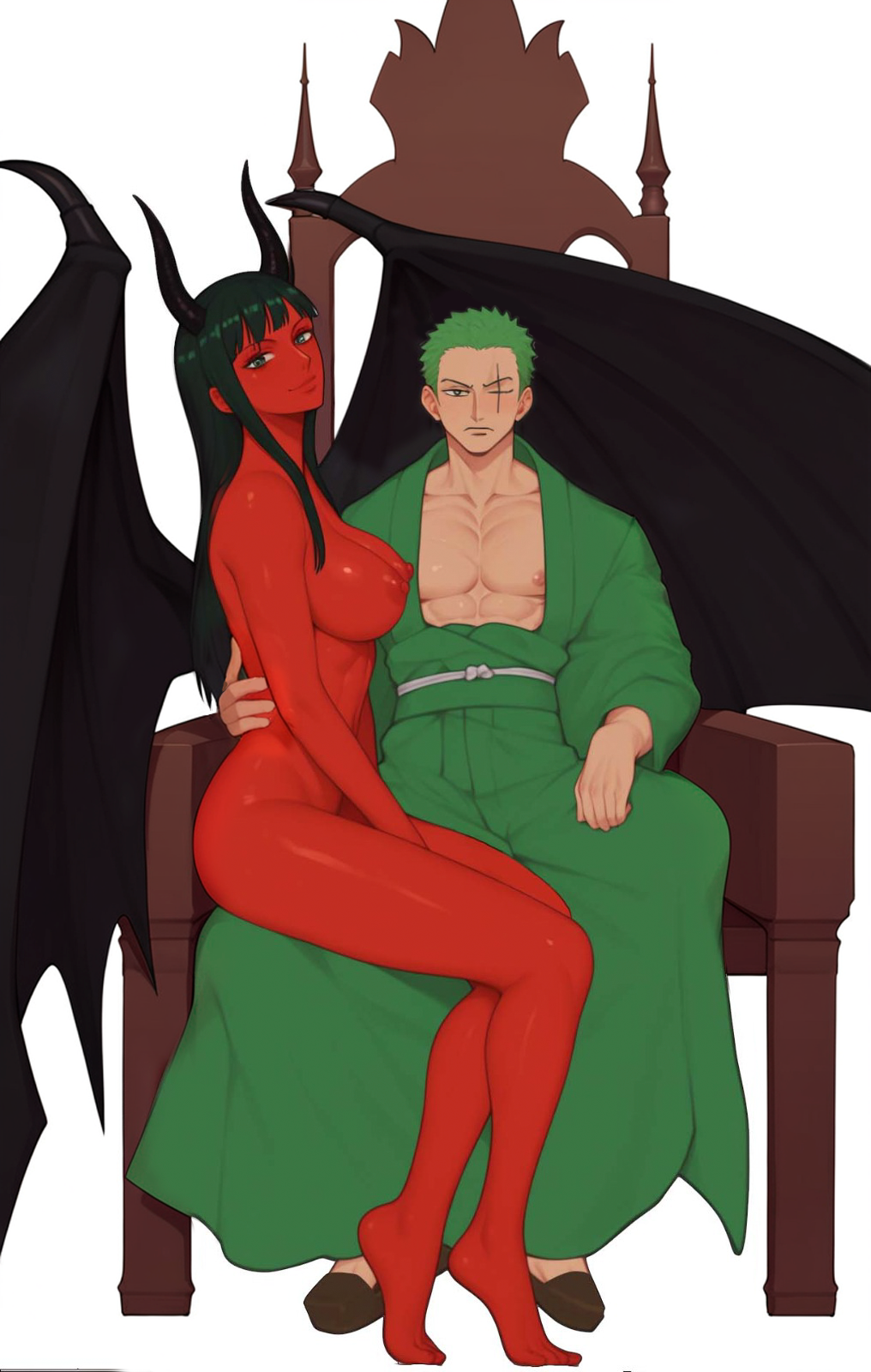 1boy 1girl artist_request clothed_male_nude_female colored_skin demon_girl demon_horns demonio_fleur hana_hana_no_mi highres horns nico_robin nude one_piece red_skin roronoa_zoro scar scar_across_eye scar_on_face shiny_skin sitting sitting_on_lap sitting_on_person source_request tagme throne wings