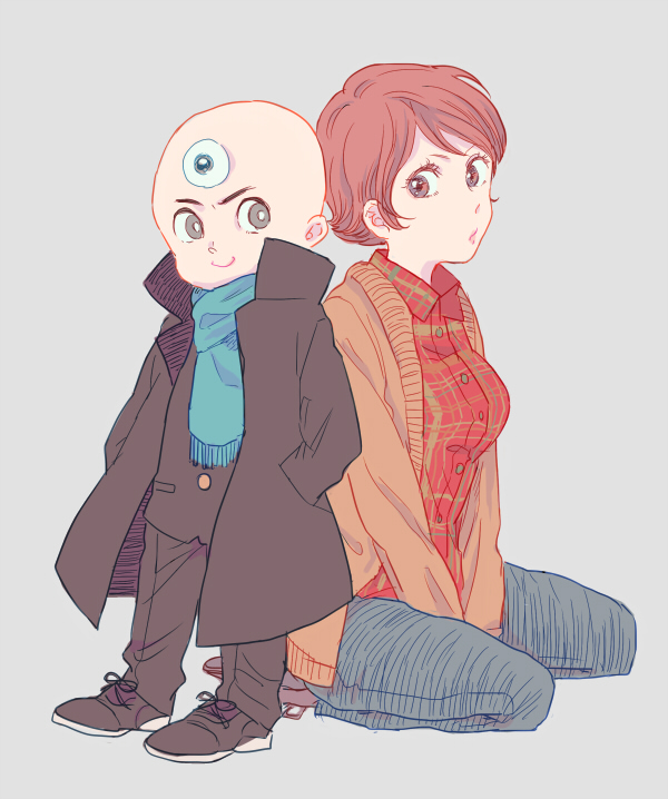 1boy 1girl bad_id bad_pixiv_id bald between_legs black_eyes breasts brown_eyes brown_hair buttons cardigan chiyoko_wato coat collar collared_shirt denim eye_contact eyebrows eyelashes full_body grey_background hand_between_legs hands_in_pockets height_difference jeans large_breasts lips long_sleeves looking_at_another mitsume_ga_tooru overcoat pants plaid_clothes plaid_shirt scarf sekawa_(krk) sharaku_hosuke shirt shoe_soles shoelaces shoes short_hair simple_background sitting smile standing third_eye wariza