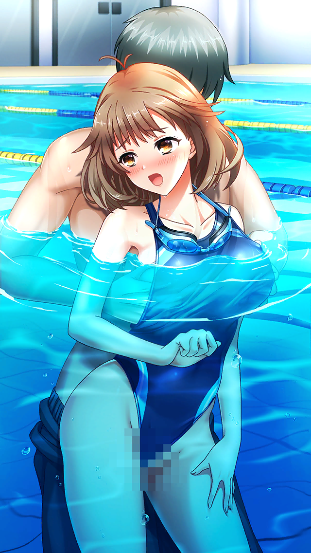 1boy 1girl antenna_hair bare_arms bare_legs black_hair blush breasts brown_eyes brown_hair censored collarbone doukyuusei_(series) doukyuusei_another_world game_cg grabbing_another&#039;s_breast grabbing_from_behind groping hand_under_clothes hand_under_swimsuit head_tilt hetero kakyuusei kakyuusei_(series) large_breasts long_hair male_swimwear_pull mochida_mahoko mosaic_censoring official_art open_mouth sex sex_from_behind straight_hair swimsuit