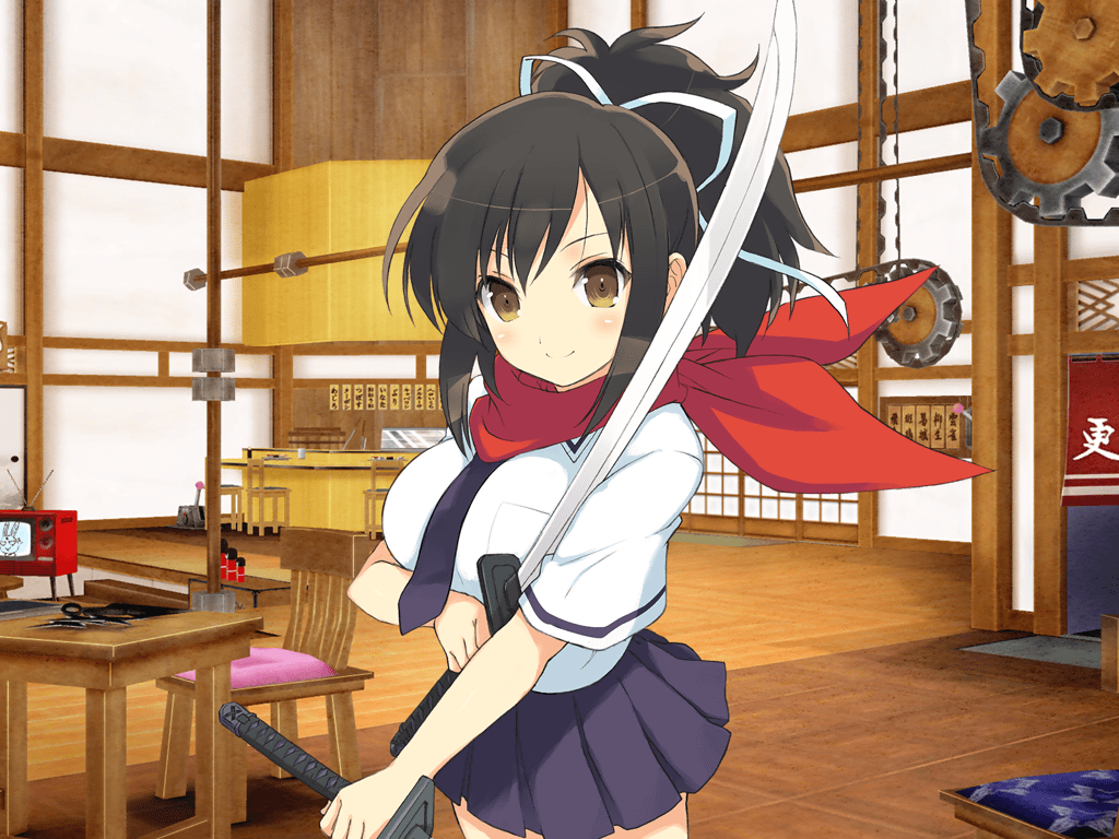 1girl architecture asuka_(senran_kagura) black_hair blue_necktie blue_skirt blush breast_pocket breasts brown_eyes chair closed_mouth dual_wielding east_asian_architecture gears hair_ribbon hanzou_academy_school_uniform holding holding_sword holding_weapon indoors large_breasts looking_at_viewer miniskirt necktie ninto_(senran_kagura) official_art pleated_skirt pocket ponytail red_scarf reverse_grip ribbon scarf school_uniform senran_kagura senran_kagura_new_link senran_kagura_shoujo-tachi_no_shin&#039;ei shirt short_hair short_ponytail short_sleeves sidelocks skirt smile solo sword table television tsuba_(guard) wakizashi weapon white_ribbon white_shirt yaegashi_nan