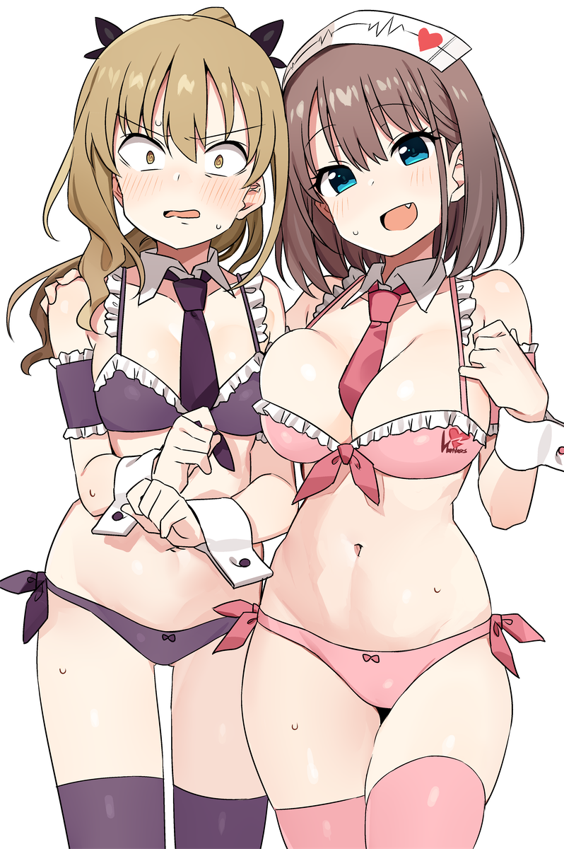 2girls :d @_@ armband asymmetrical_docking bare_shoulders black_ribbon blonde_hair blue_eyes blush bra breast_press breasts brown_hair cleavage collar collarbone cowboy_shot detached_collar embarrassed fang frilled_bra frills front-tie_bra groin hair_ribbon hand_on_another&#039;s_shoulder hand_up hat head_tilt heart highres knee_up large_breasts long_hair looking_at_viewer medium_breasts multiple_girls navel necktie nurse_cap open_mouth panties pink_bra pink_legwear pink_neckwear pink_panties ponytail purple_bra purple_legwear purple_neckwear purple_panties ribbon saki_(manga) shisoneri short_hair side-by-side side-tie_panties sidelocks simple_background skindentation smile standing stomach sweat thighhighs underwear unozawa_shiori v-shaped_eyebrows watanabe_rune wavy_hair wavy_mouth white_background white_collar wrist_cuffs