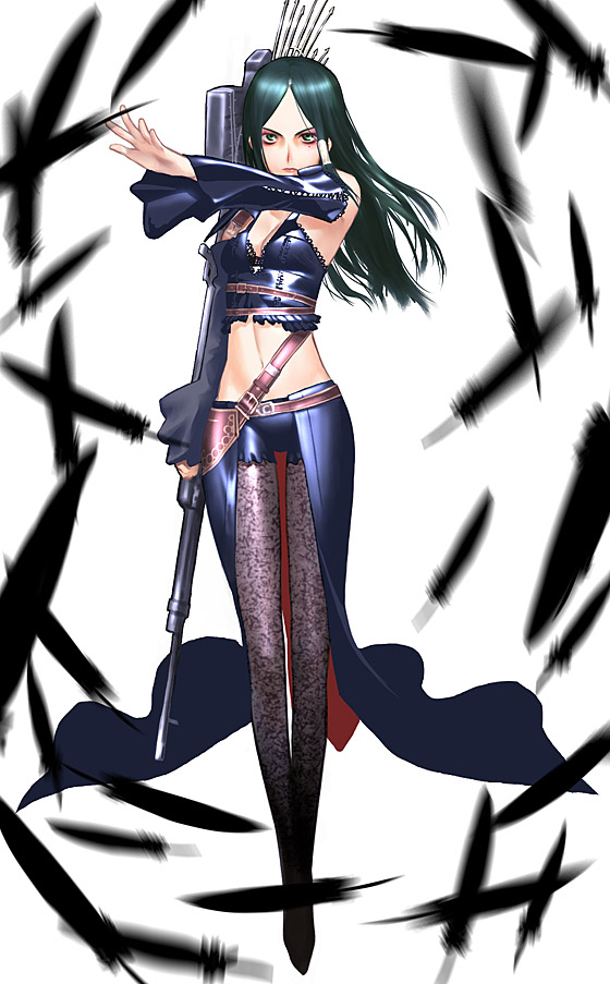 1girl alicia_(bullet_witch) aq_interactive blue_eyes bullet_witch cavia detached_sleeves feathers female_focus green_hair gun long_hair long_sleeves looking_at_viewer midriff mole navel pants sakamoto_mineji serious simple_background solo stomach waist_cape weapon white_background