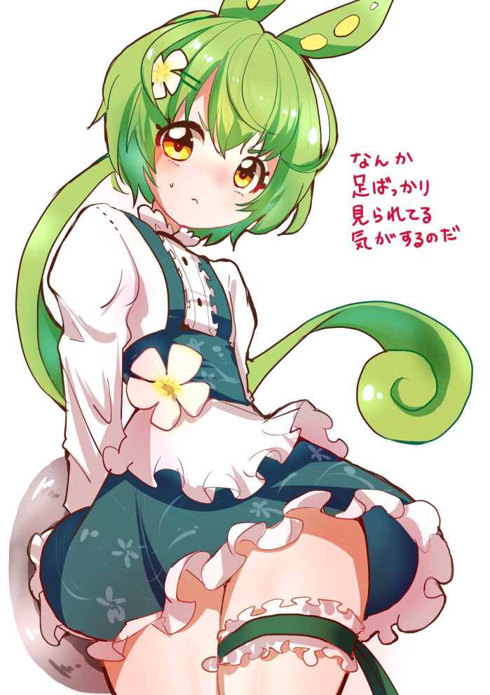 1girl apron dress flat_chest flower frilled_thigh_strap green_hair hair_flower hair_ornament long_hair looking_at_viewer low_ponytail nima_(nimamenoki) ponytail simple_background solo thigh_strap voicevox waitress waitress_zundamon white_background yellow_eyes zundamon