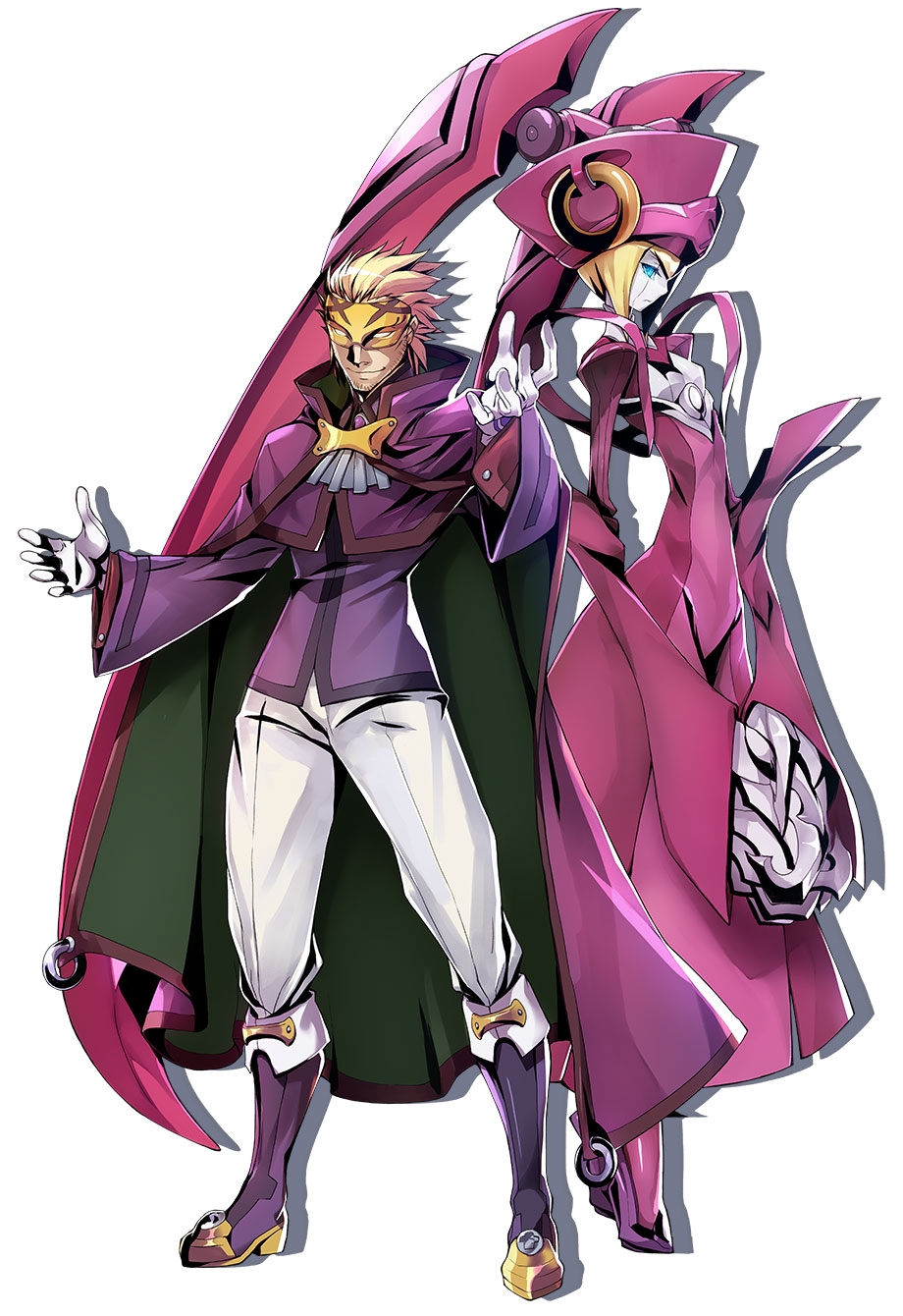 1boy 1girl android blazblue blazblue:_central_fiction blonde_hair blue_eyes boots cape dress facial_hair full_body gloves hat highres ignis_(blazblue) katou_yuuki knee_boots looking_at_viewer mask official_art own_hands_clasped own_hands_together pants purple_dress purple_footwear purple_shirt relius_clover shadow shirt short_hair smile standing stubble white_background white_gloves white_pants