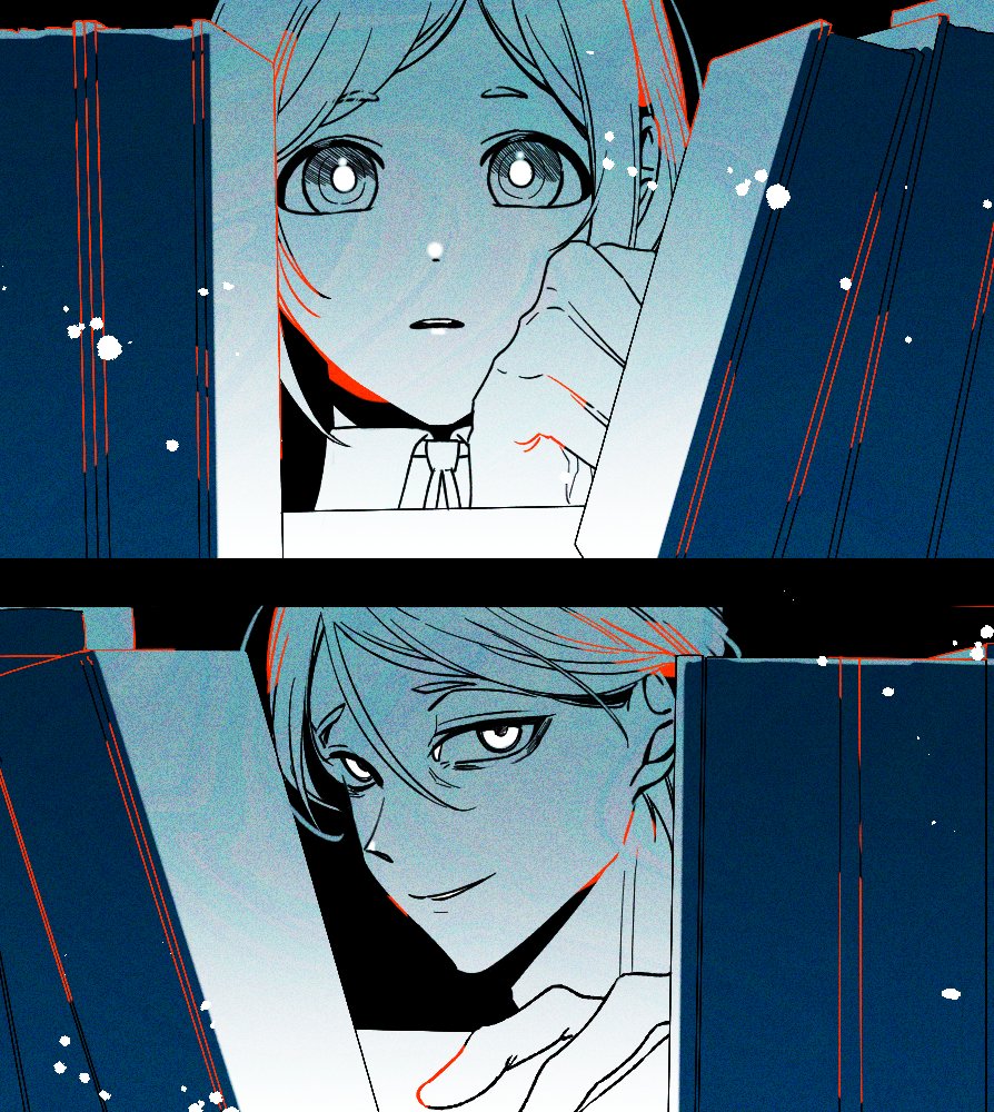 1boy 1girl b1ue_e4rth blue_theme book bookshelf bright_pupils colored_lineart commentary_request fukurai_azami hair_between_eyes korean_commentary looking_at_viewer meguriya_ayumu monochrome short_hair smile split_screen toshi_densetsu_kaitai_center upper_body white_pupils