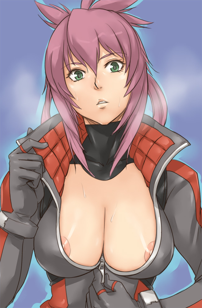 00s 1girl amanda_werner areola_slip blassreiter bodysuit breasts cleavage female_focus green_eyes gus_(clarkii) large_breasts nipple_slip nipples purple_hair shiny_skin solo sweat unzipping