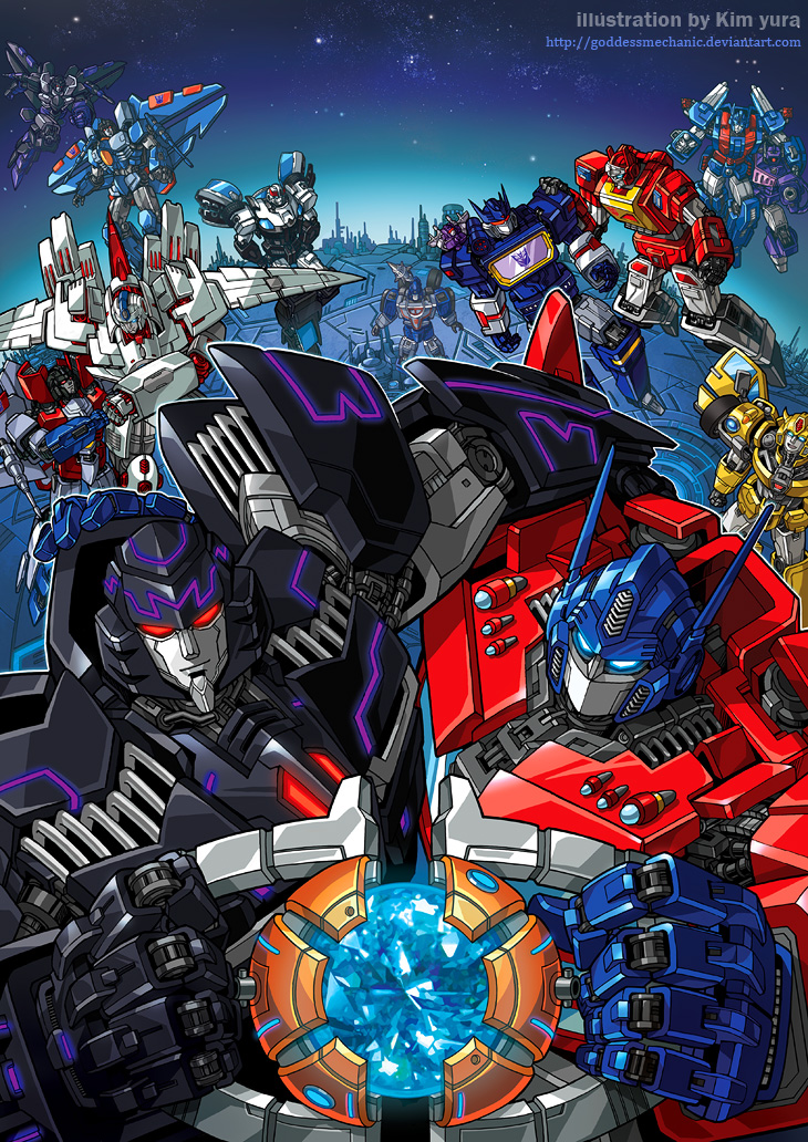 autobot blaster_(transformers) blue_eyes bumblebee decepticon everyone flying jetfire kim_yura_(goddess_mechanic) looking_at_viewer looking_up matrix_of_leadership mecha megatron mirage_(transformers) no_humans optimus_prime prowl_(transformers) red_eyes robot rumble_(transformers) shockwave_(transformers) skywarp soundwave_(transformers) starscream the_transformers_(idw) thundercracker transformers ultra_magnus
