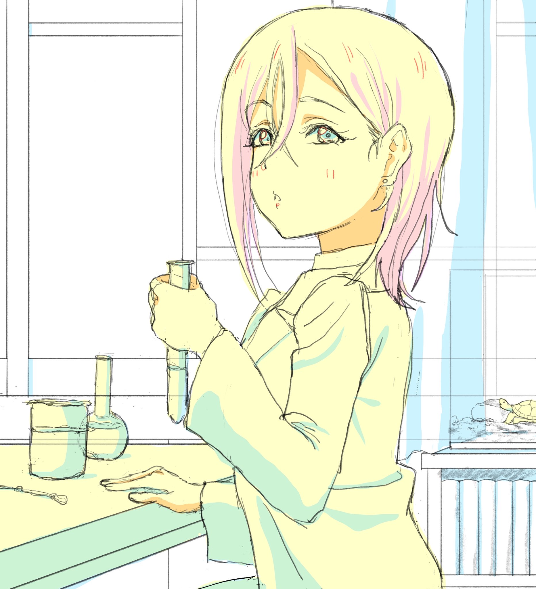 1girl beaker blush crossed_bangs earrings flask hair_between_eyes highres holding holding_test_tube indoors jewelry lab_coat lips love_live! love_live!_superstar!! medium_hair parted_lips round-bottom_flask solo stud_earrings test_tube tortoise turtle unfinished upper_body wakana_shiki yaji11093