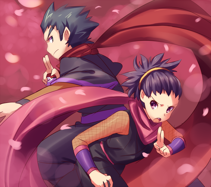 1boy 1girl black_jumpsuit black_pants father_and_daughter fishnet_top fishnets grey_hair hair_tie holding janine_(pokemon) jumpsuit koga_(pokemon) long_scarf ninja nintendo open_mouth pants petals pink_scarf poke_ball poke_ball_(basic) pokemon pokemon_hgss purple_eyes purple_hair purple_jumpsuit red_scarf scarf sleeveless_jumpsuit undershirt weee_(raemz)