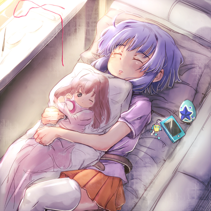 1girl bed blue_hair cellphone charm_(object) closed_eyes commentary_request dakimakura_(object) hairband hugging_object jewelpet_(series) jewelpet_twinkle no_hairband orange_skirt phone pillow pillow_hug pink_shirt sakura_akari sapphie_(jewelpet) sara_(jewelpet_twinkle) shimetta_seiya shirt short_hair skirt sleeping smartphone thighhighs unworn_hairband white_thighhighs