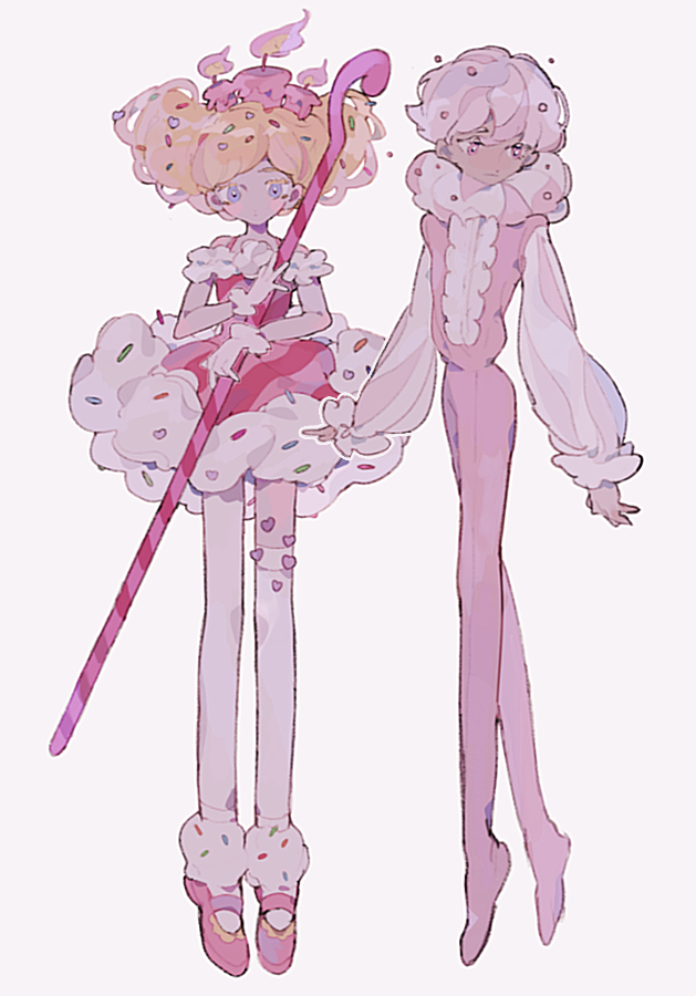1boy 1girl bare_shoulders birthday_cake_cookie blonde_hair blue_eyes candle cookie_run dress heart holding pink_footwear purple_eyes ronoh_(jill) simple_background whipped_cream_cookie white_background white_legwear