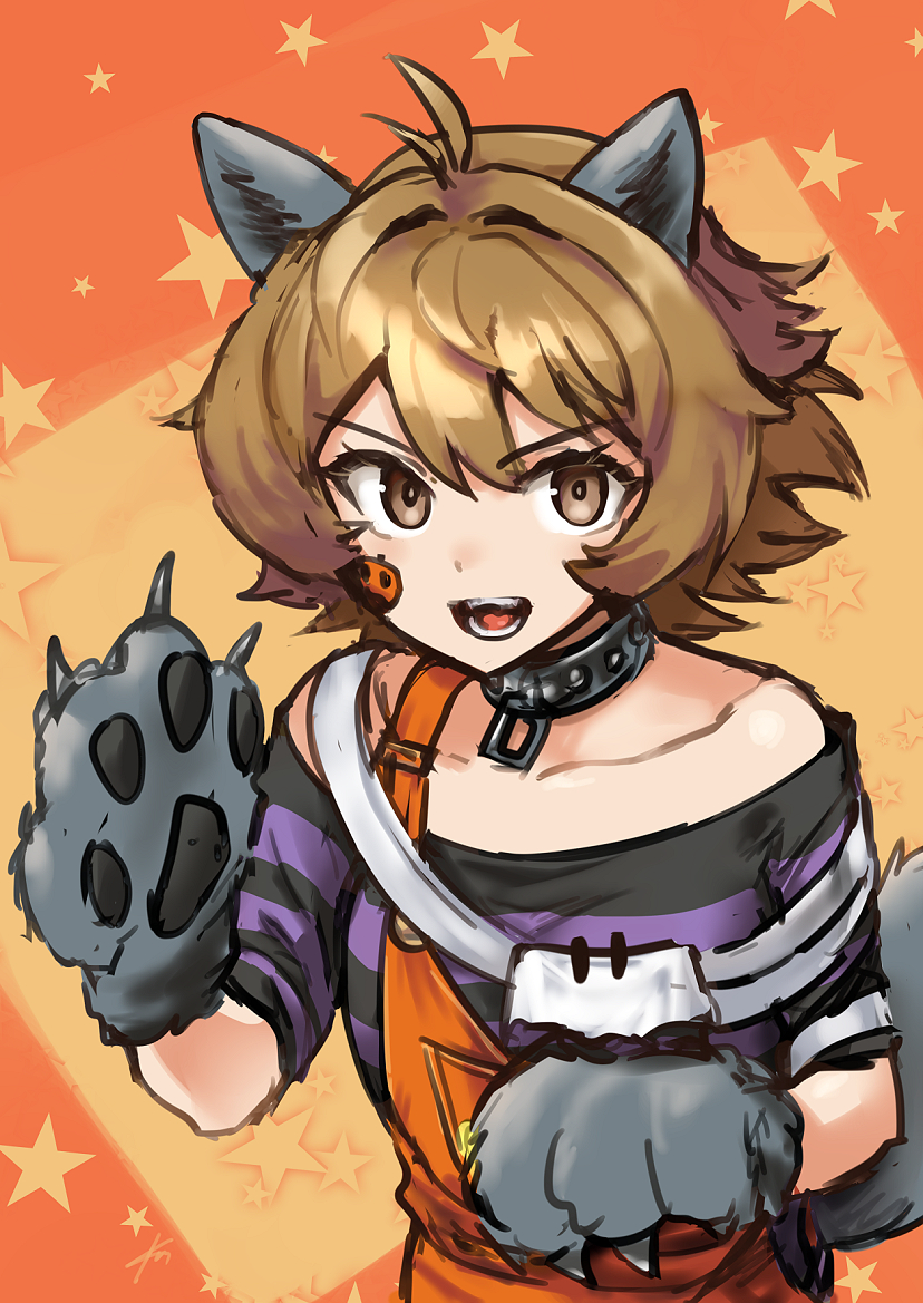 1girl animal_ears animal_hands black_collar brown_eyes brown_hair collar ebizome fangs gloves halloween_costume kantai_collection oboro_(halloween)_(kancolle) oboro_(kancolle) official_alternate_costume open_mouth orange_background orange_overalls overalls paw_gloves pumpkin_ornament shirt short_hair solo star_(symbol) star_symbol_background sticker_on_face striped_clothes striped_shirt tail upper_body wolf_ears wolf_tail