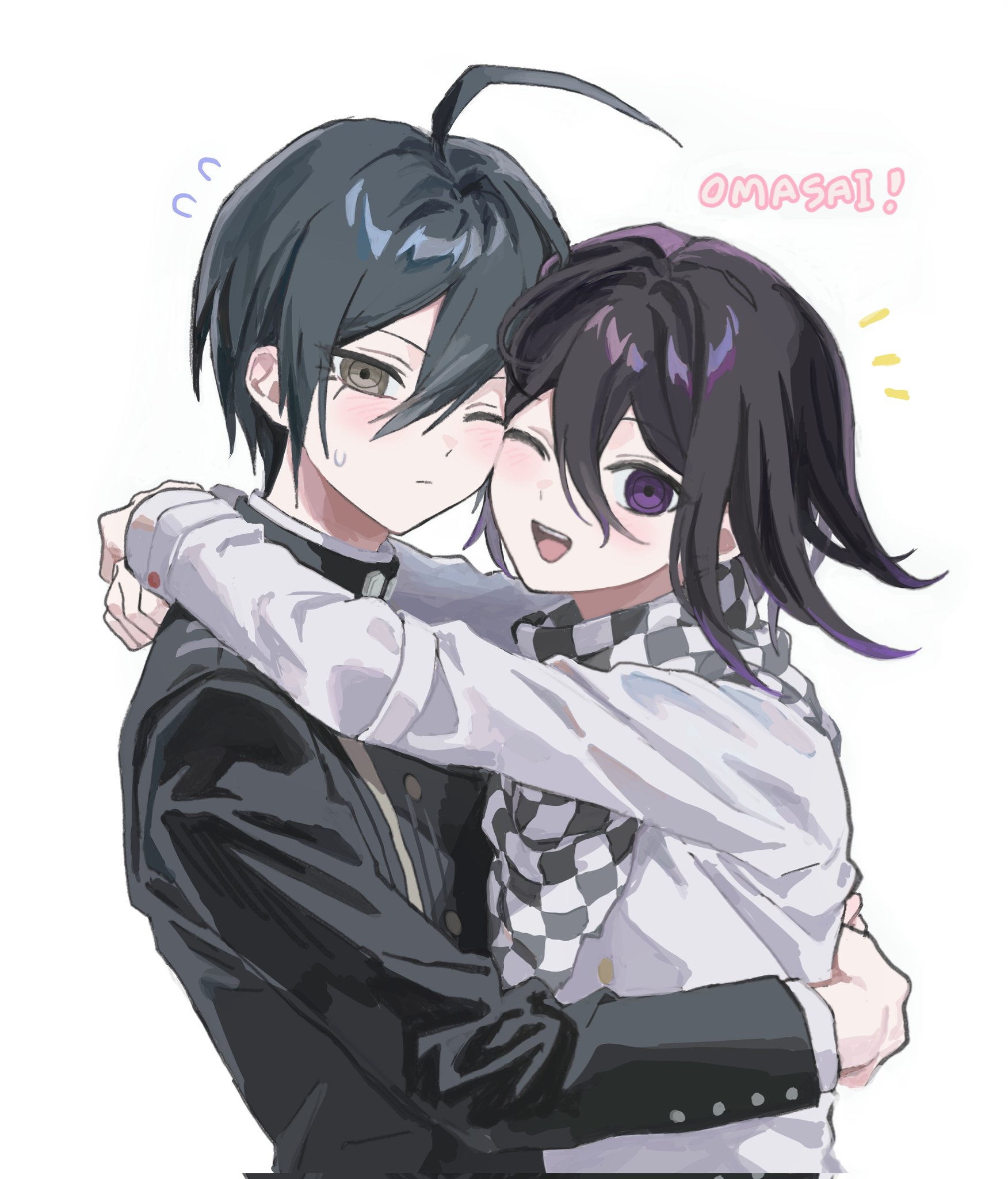 2boys ;d ahoge black_hair black_jacket brown_eyes checkered_clothes checkered_scarf danganronpa_(series) danganronpa_v3:_killing_harmony from_side hair_between_eyes highres hug jacket long_sleeves looking_at_viewer male_focus multiple_boys nekor0id nyapitalism oma_kokichi one_eye_closed open_mouth purple_eyes purple_hair saihara_shuichi scarf short_hair simple_background smile teeth upper_body