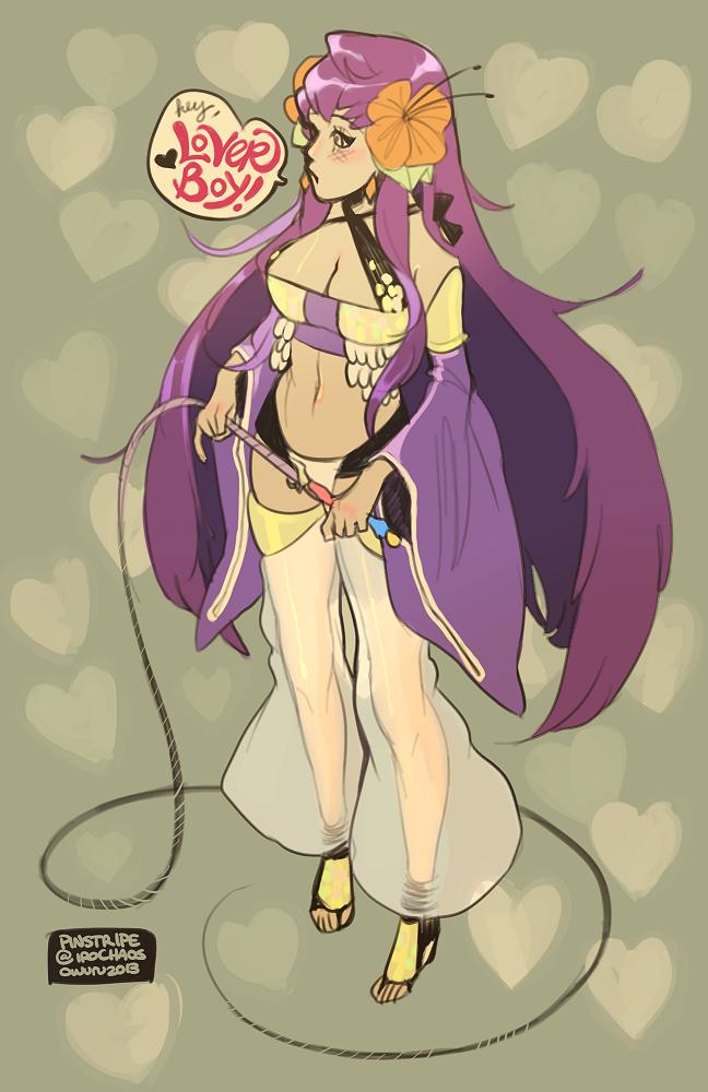 1girl 2013 adapted_costume bikini black_sandals blush breasts cleavage closed_mouth commentary detached_sleeves english_commentary expressionless flower full_body green_background gypsy_(ragnarok_online) hair_flower hair_ornament heart heart_background holding holding_whip long_hair looking_afar medium_breasts memoryjoule mismatched_bikini navel orange_flower pants purple_bikini purple_hair purple_sleeves ragnarok_online sandals see-through_clothes see-through_pants solo swimsuit very_long_hair white_bikini yellow_eyes
