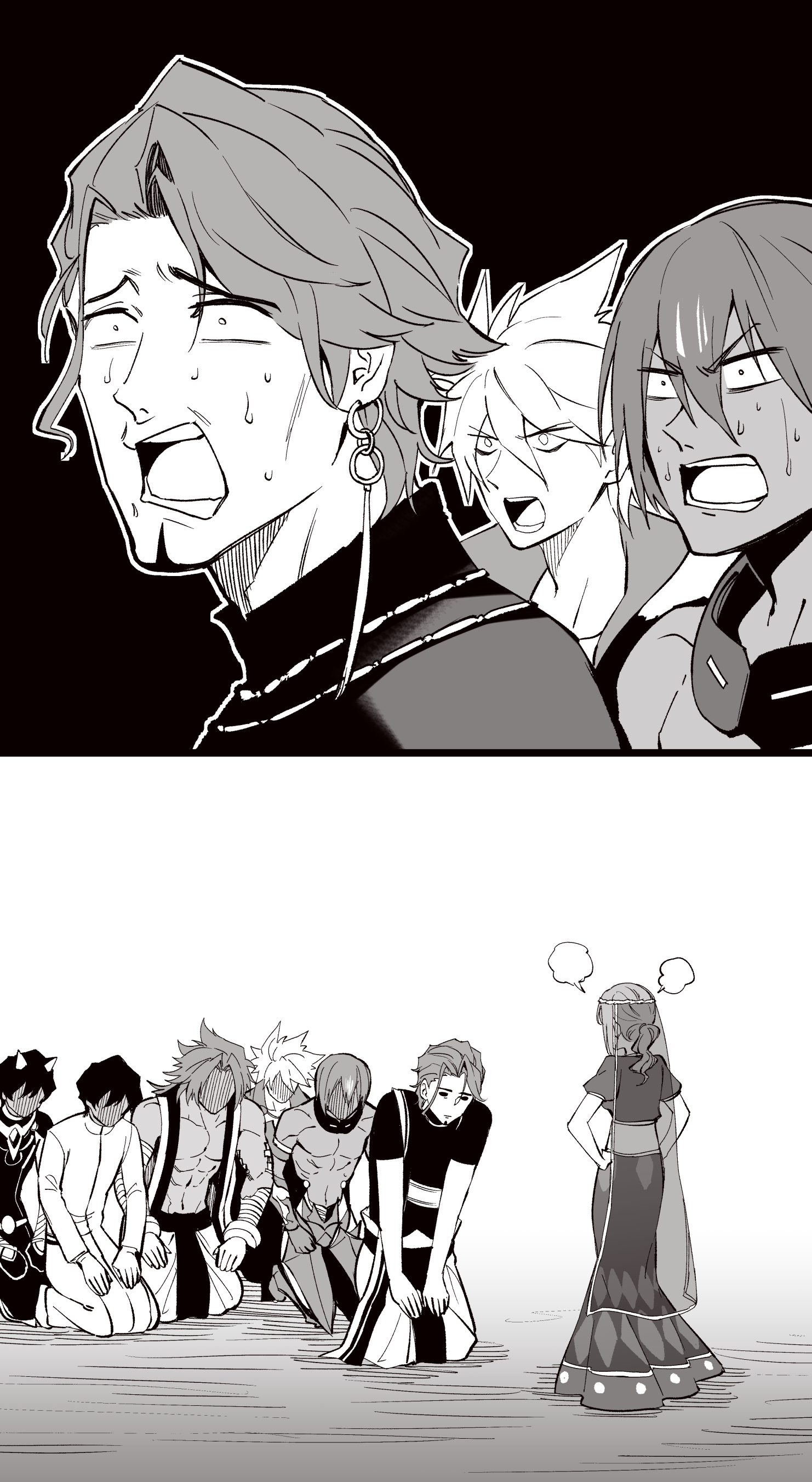 1girl 6+boys absurdres angry arjuna_(fate) arjuna_alter_(fate) ashwatthama_(fate) bhima_(fate) black_background constricted_pupils dark-skinned_male dark_skin duryodhana_(fate) earrings fate/apocrypha fate/grand_order fate_(series) highres hirunagi jewelry karna_(fate) matou_sakura multiple_boys open_mouth parvati_(fate) seiza sitting sweat