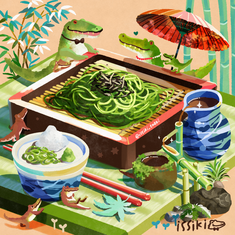animal animal_focus artist_name bamboo bamboo_forest bento black_bow black_bowtie bow bowl bowtie cactus chopsticks collar crocodilian cup dumpling food food_focus forest green_tea heart issiki_toaki leaf lizard nature no_humans noodles oil-paper_umbrella original plant red_umbrella rock shishi_odoshi simple_background smile soba sparkle star_(symbol) tatami tea teeth umbrella wasabi