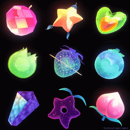 animated animated_gif apple artist_name berry berry_(pokemon) black_background bobacupcake copyright_request final_fantasy final_fantasy_xiv food food_focus fruit glitter glowing grapes object_focus peach simple_background spinning stardew_valley stardrop_(stardew_valley) starfruit strawberry