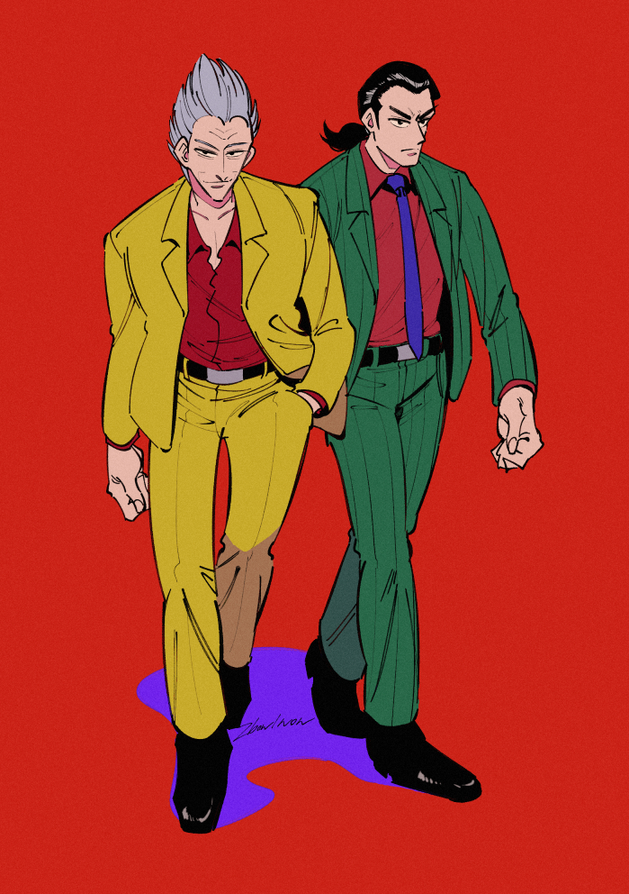 2boys black_eyes black_footwear black_hair blazer closed_mouth collared_shirt commentary_request formal_clothes frown full_body gin_to_kin green_jacket green_pants grey_hair hair_slicked_back hand_in_pocket hirai_ginji holding inudori jacket long_sleeves looking_afar looking_at_viewer low_ponytail male_focus morita_tetsuo multiple_boys necktie old old_man open_clothes open_jacket pants pinstripe_pattern pinstripe_suit ponytail purple_necktie red_background red_shirt shirt shoes short_hair simple_background smile spiked_hair striped_clothes striped_jacket striped_pants suit v-shaped_eyebrows vertical-striped_clothes vertical-striped_jacket vertical-striped_pants walking yellow_jacket yellow_pants
