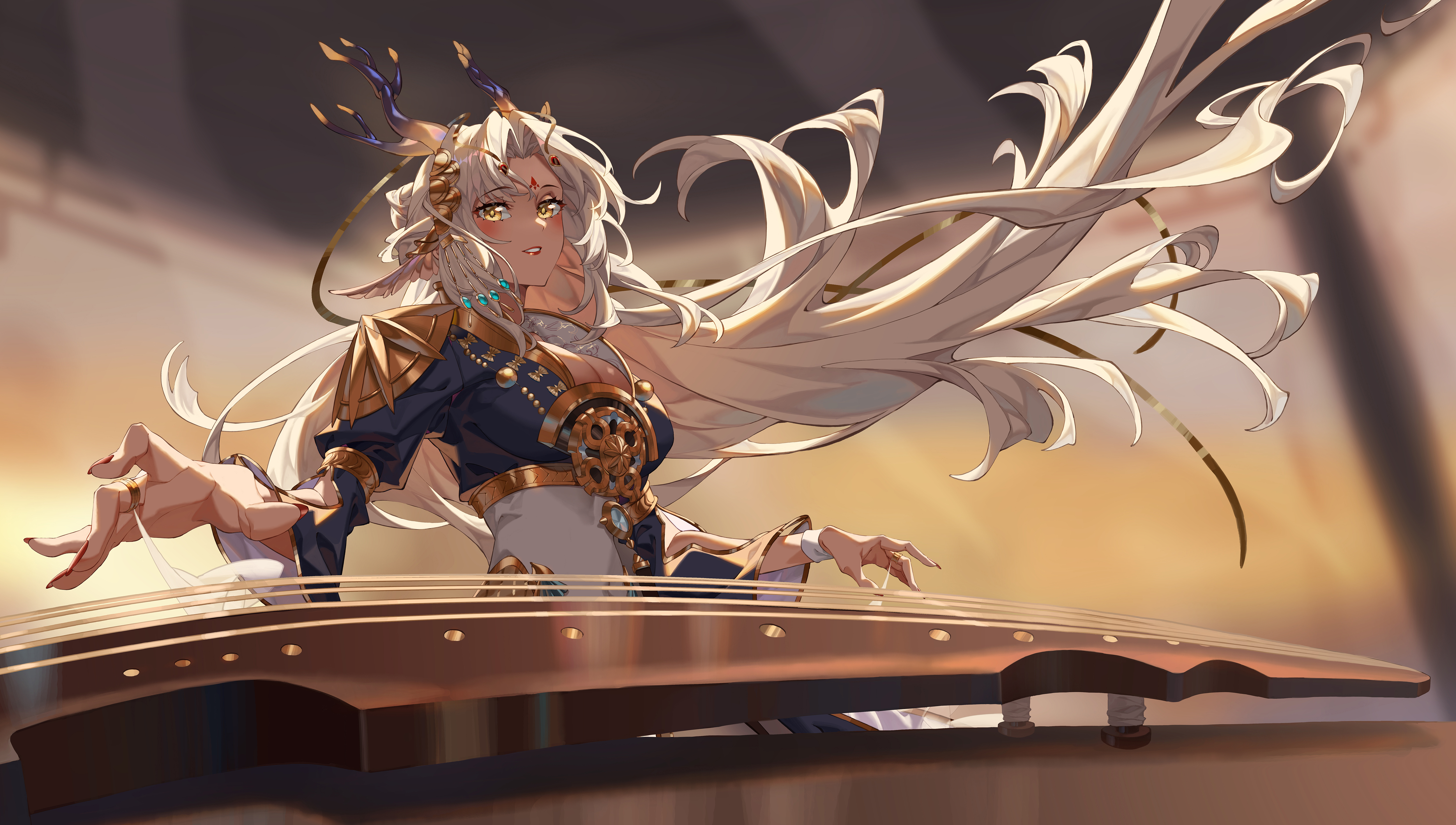 1girl absurdres animal_ears blurry blurry_background blush breasts character_request cheese_kang cleavage gold_trim gradient_horns guzheng hair_ribbon highres horns indoors instrument large_breasts lipstick long_hair looking_at_viewer makeup multicolored_horns music parted_lips playing_instrument ribbon solo upper_body very_long_hair white_hair yellow_eyes
