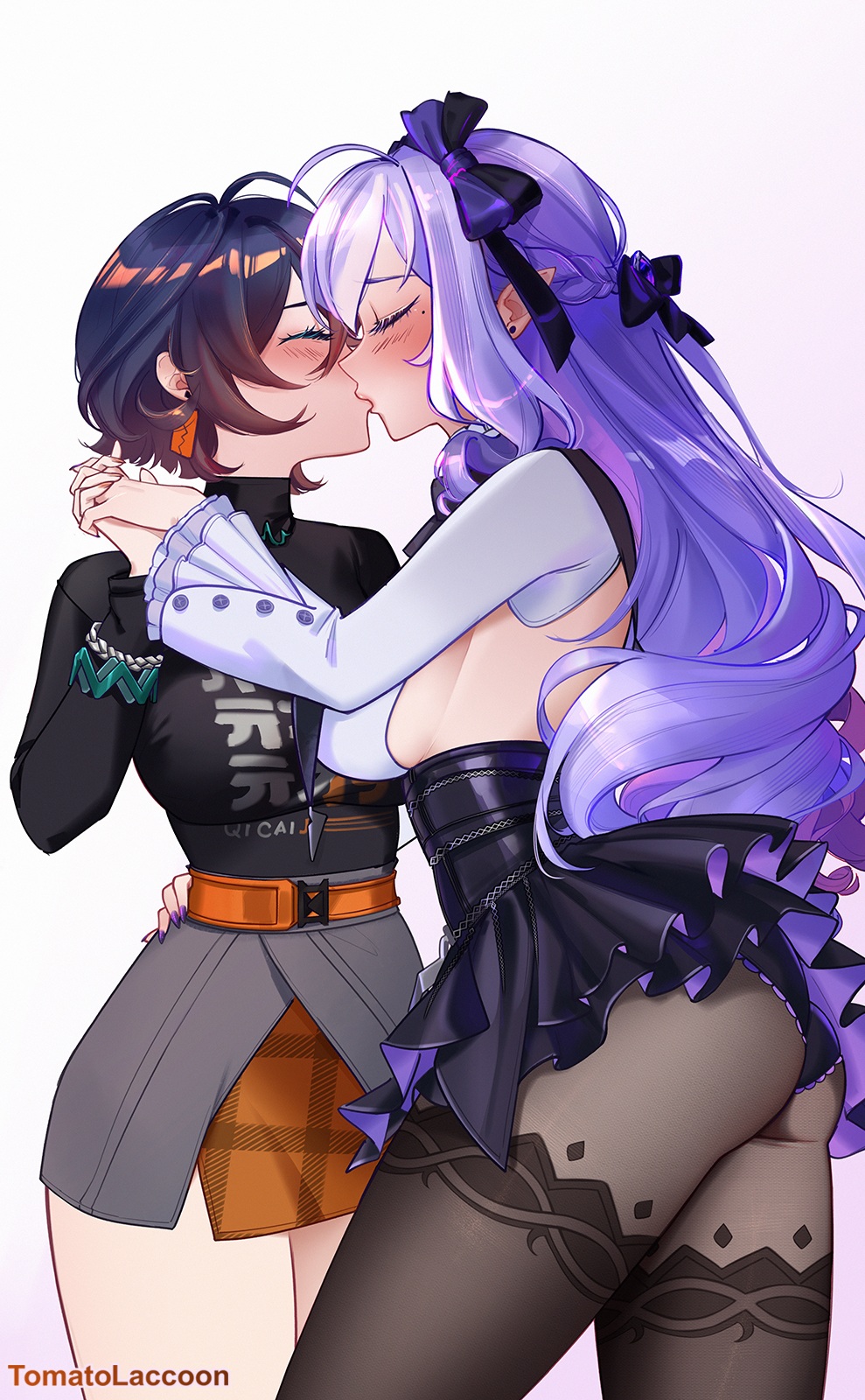 ahoge artist_name belle_(zenless_zone_zero) black_dress black_panties black_pantyhose black_shirt blue_hair breasts clothes_writing dress grey_skirt hand_on_another&#039;s_waist highres interlocked_fingers kiss large_breasts long_hair mole mole_under_eye panties pantyhose pointy_ears purple_hair shirt short_hair sideboob simple_background skirt tomatolaccoon underwear very_long_hair vivian_banshee white_background yuri zenless_zone_zero