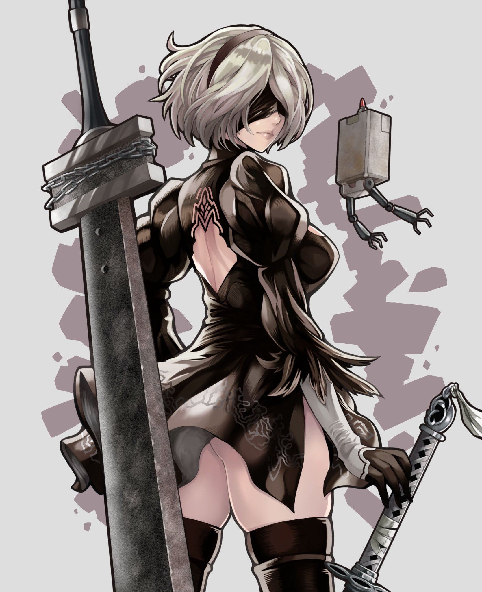 1girl 2b_(nier:automata) ass back_cutout black_dress blindfold breasts closed_mouth clothing_cutout commentary_request dress feather_trim floating floating_object floating_weapon gloves grey_background hair_ornament hairband highres lips long_sleeves looking_back medium_breasts nier:automata nier_(series) pod_(nier:automata) puffy_sleeves robot short_dress short_hair simple_background sword thighhighs thighs to-ru weapon white_hair