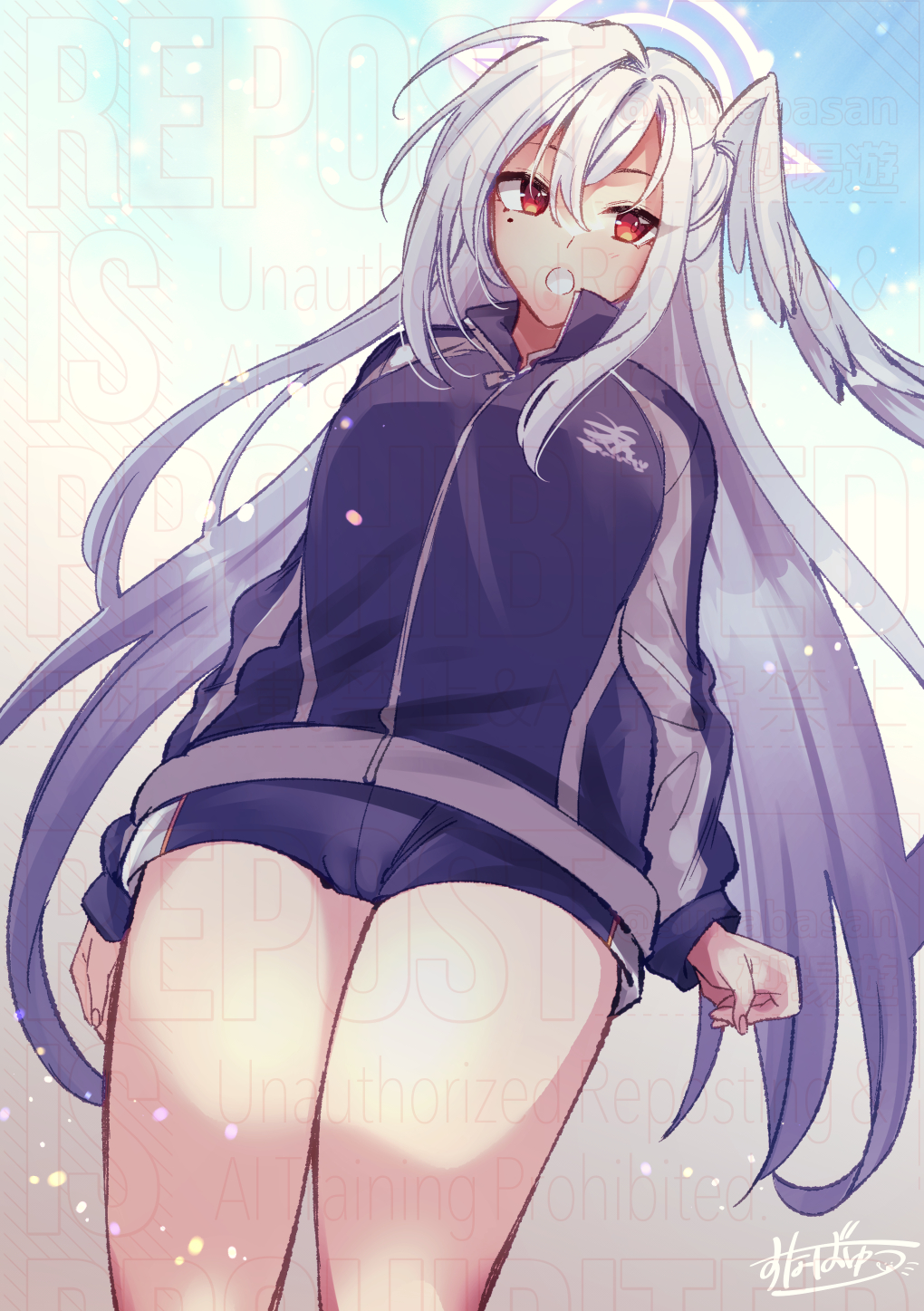 1girl :o arms_at_sides blue_archive blue_track_suit breasts cameltoe commentary_request dutch_angle from_below hair_between_eyes halo head_wings highres large_breasts long_hair looking_to_the_side mole mole_under_eye pants red_eyes short_shorts shorts single_hair_intake single_head_wing sky solo sunabasan suzumi_(blue_archive) thighs track_pants track_suit very_long_hair white_hair wings