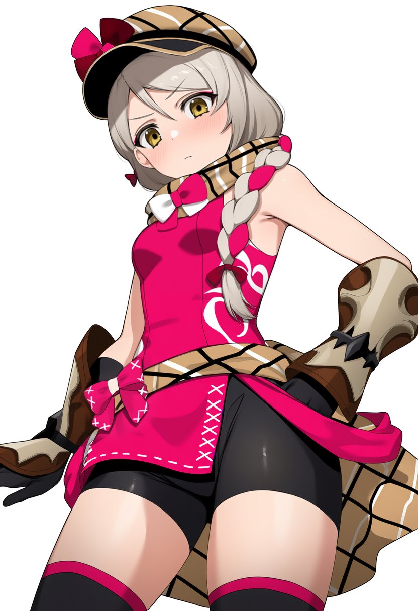 1girl armpit_crease breasts fire_emblem fire_emblem_engage framme_(fire_emblem) from_below frown grey_hair hat highres looking_at_viewer looking_down nintendo pyo_3300 ribbon scarf small_breasts thick_thighs thighhighs thighs tight_clothes yellow_eyes