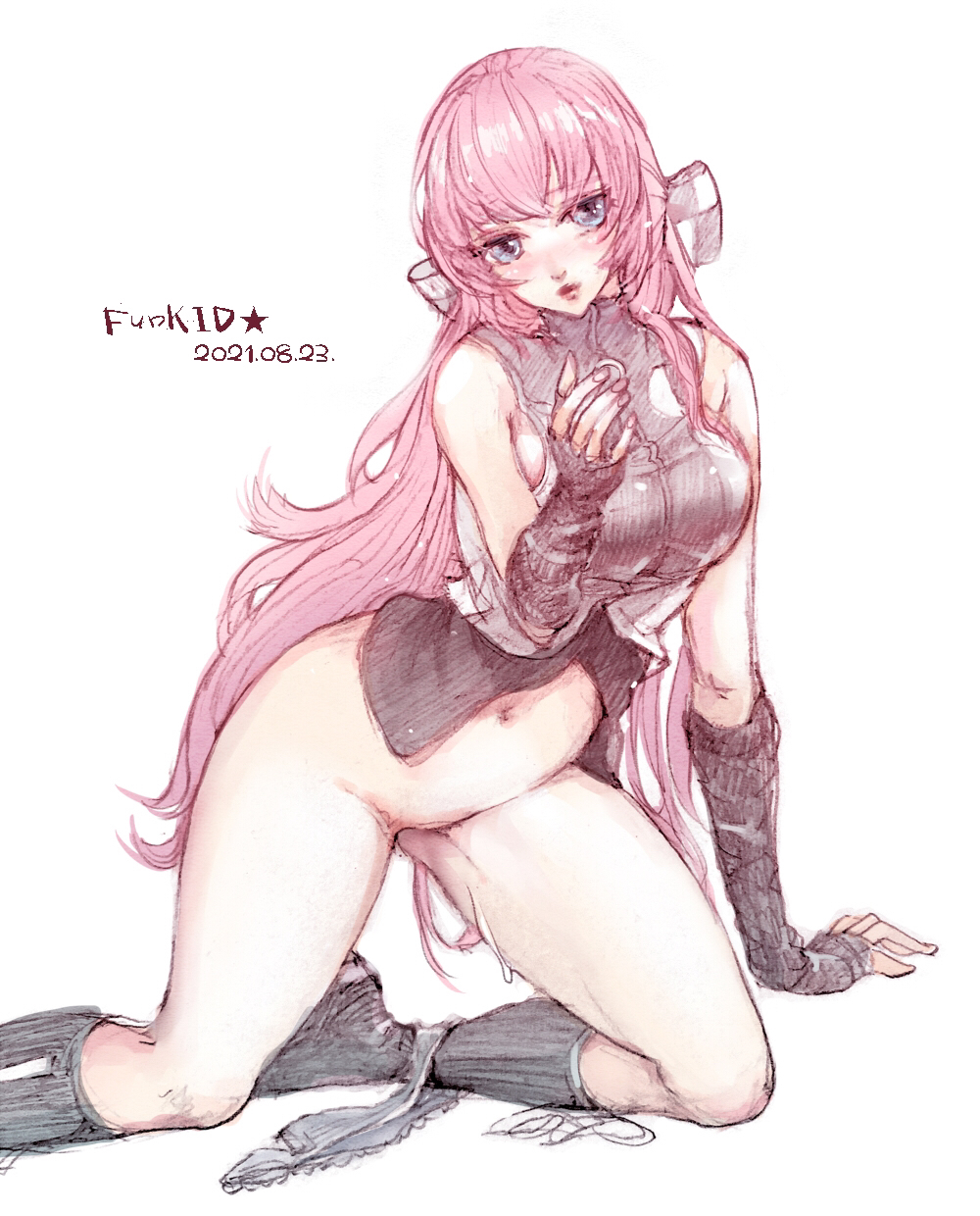 1girl blue_eyes blush bottomless bow breasts chinese_clothes conflict_(module) dated funkid gloves hair_bow highres kneeling long_hair looking_at_viewer megurine_luka navel no_panties pale_color panties panties_around_leg pink_hair pink_nails project_diva project_diva_(series) pussy_juice side_slit sleeveless underwear very_long_hair vocaloid white_background world&#039;s_end_dancehall_(vocaloid)